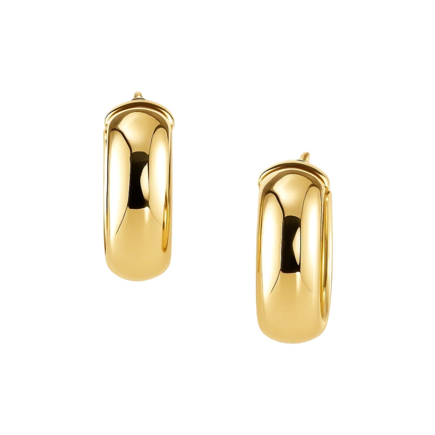 14k Yellow Gold Wide Medium Hoop Earrings with Snap Lock in a sleek high-contrast midnight luxury editorial style