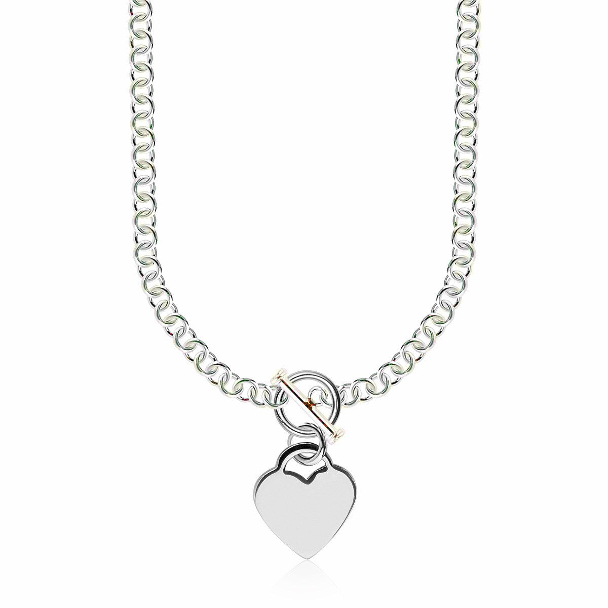 Sterling Silver Rhodium Plated Rolo Chain Necklace with a Heart Toggle Charm in a sleek high-contrast midnight luxury editori