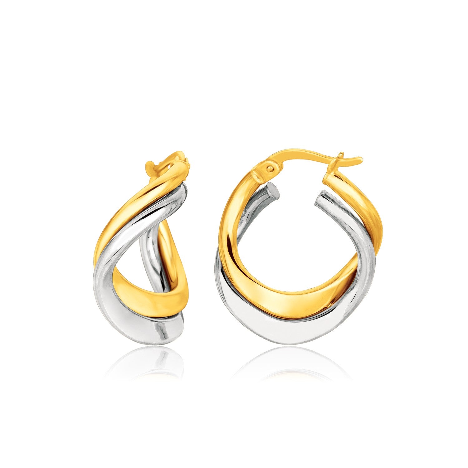 14k Two Tone Gold Earrings in Fancy Double Twist Style in a sleek high-contrast midnight luxury editorial style