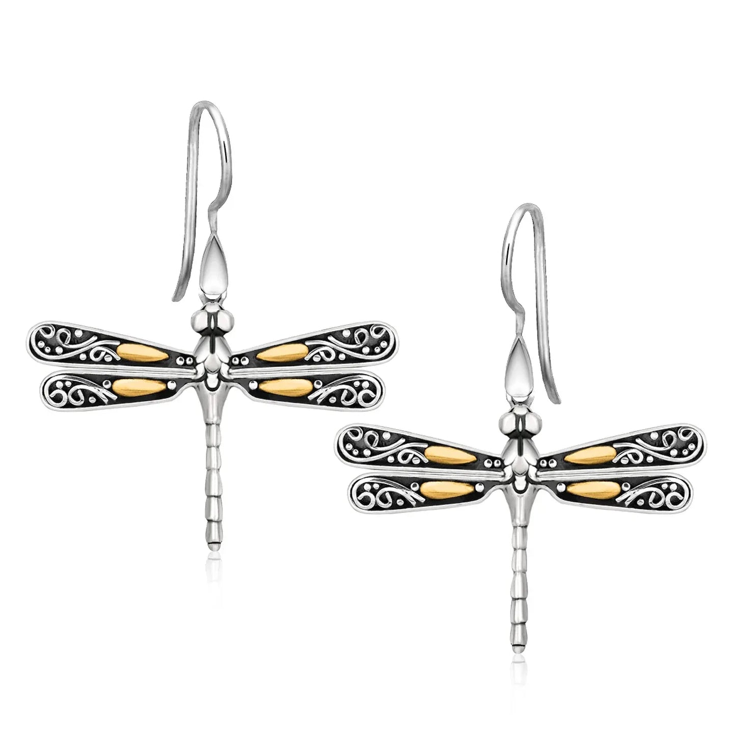 18k Yellow Gold and Sterling Silver Dragonfly Motif Drop Earrings - Peelerie