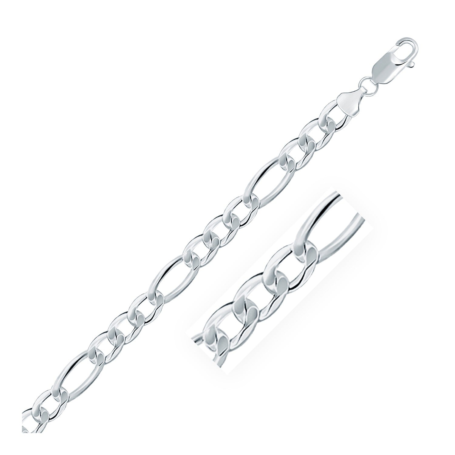 Rhodium Plated Sterling Silver Figaro Style Chain (8.10 mm) in a sleek high-contrast midnight luxury editorial style