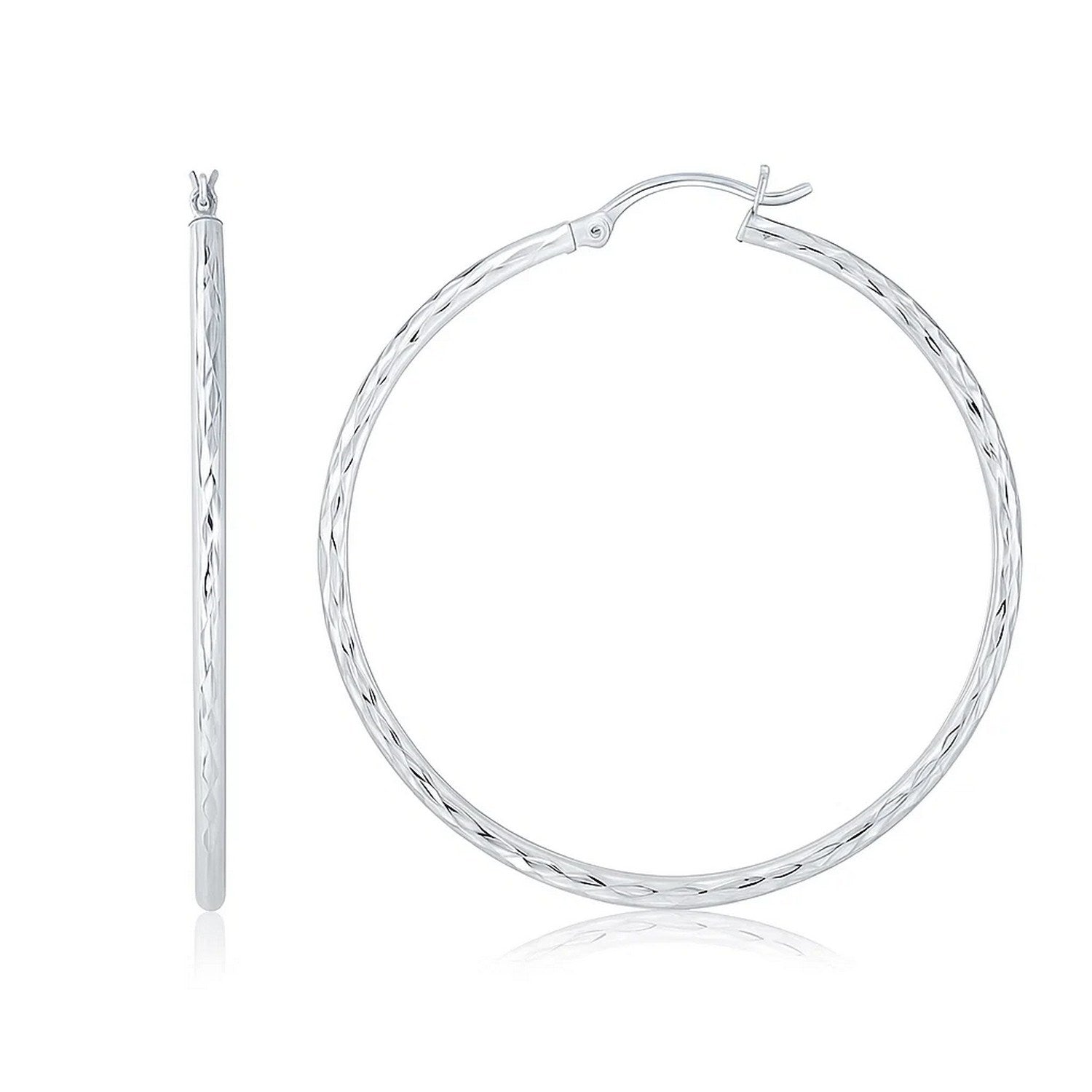 14k White Gold Diamond Cut Hoop Earrings (1 3/4 inch Diameter) in a sleek high-contrast midnight luxury editorial style