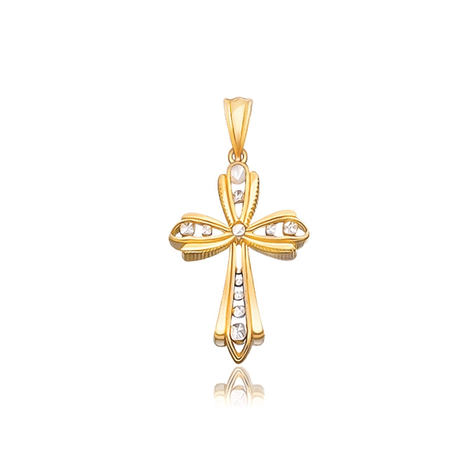 14k Two-Tone Gold Fancy Cross Pendant with Diamond Cuts in a sleek high-contrast midnight luxury editorial style