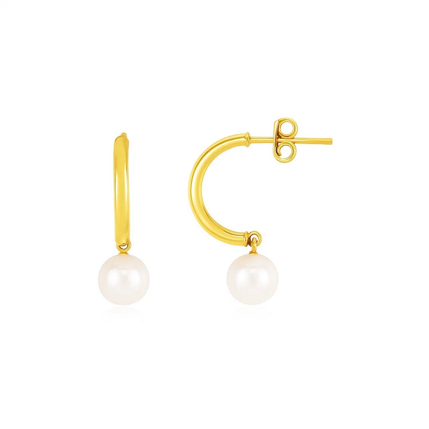 14k Yellow Gold Half Hoop Earrings with Pearls in a sleek high-contrast midnight luxury editorial style