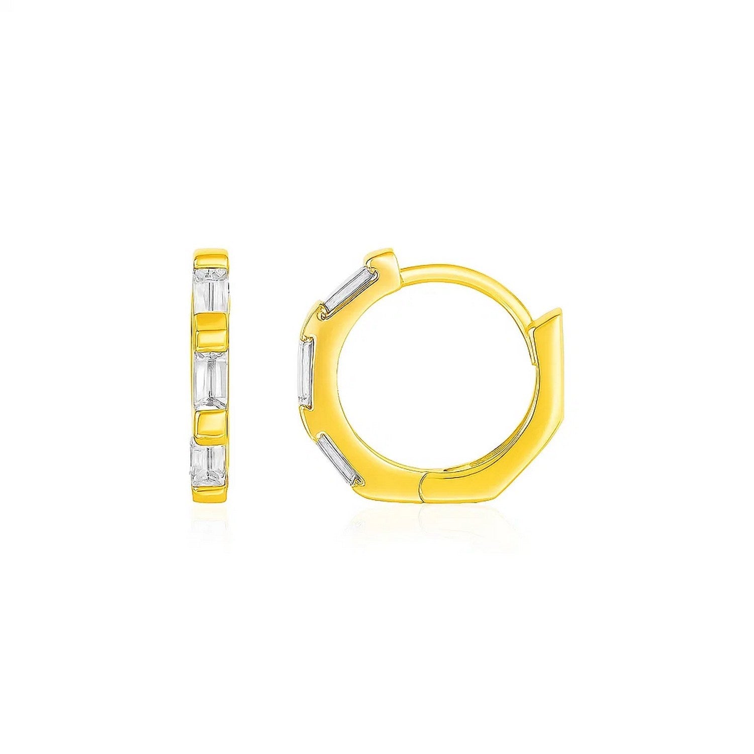 14k Yellow Gold Petite Octagonal Hoop Earrings with Cubic Zirconias in a sleek high-contrast midnight luxury editorial style