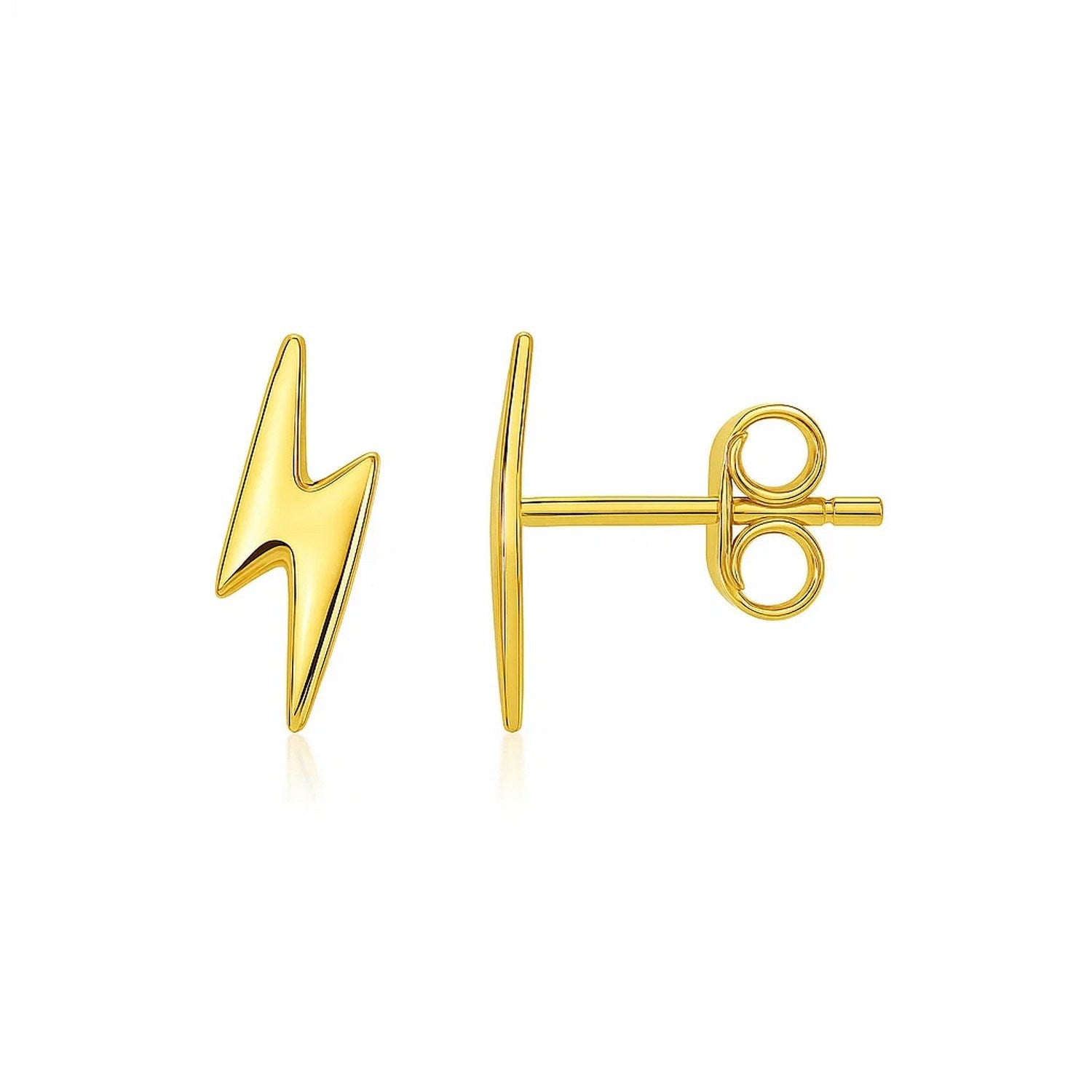 14k Yellow Gold Post Earrings with Lightning Bolts in a sleek high-contrast midnight luxury editorial style