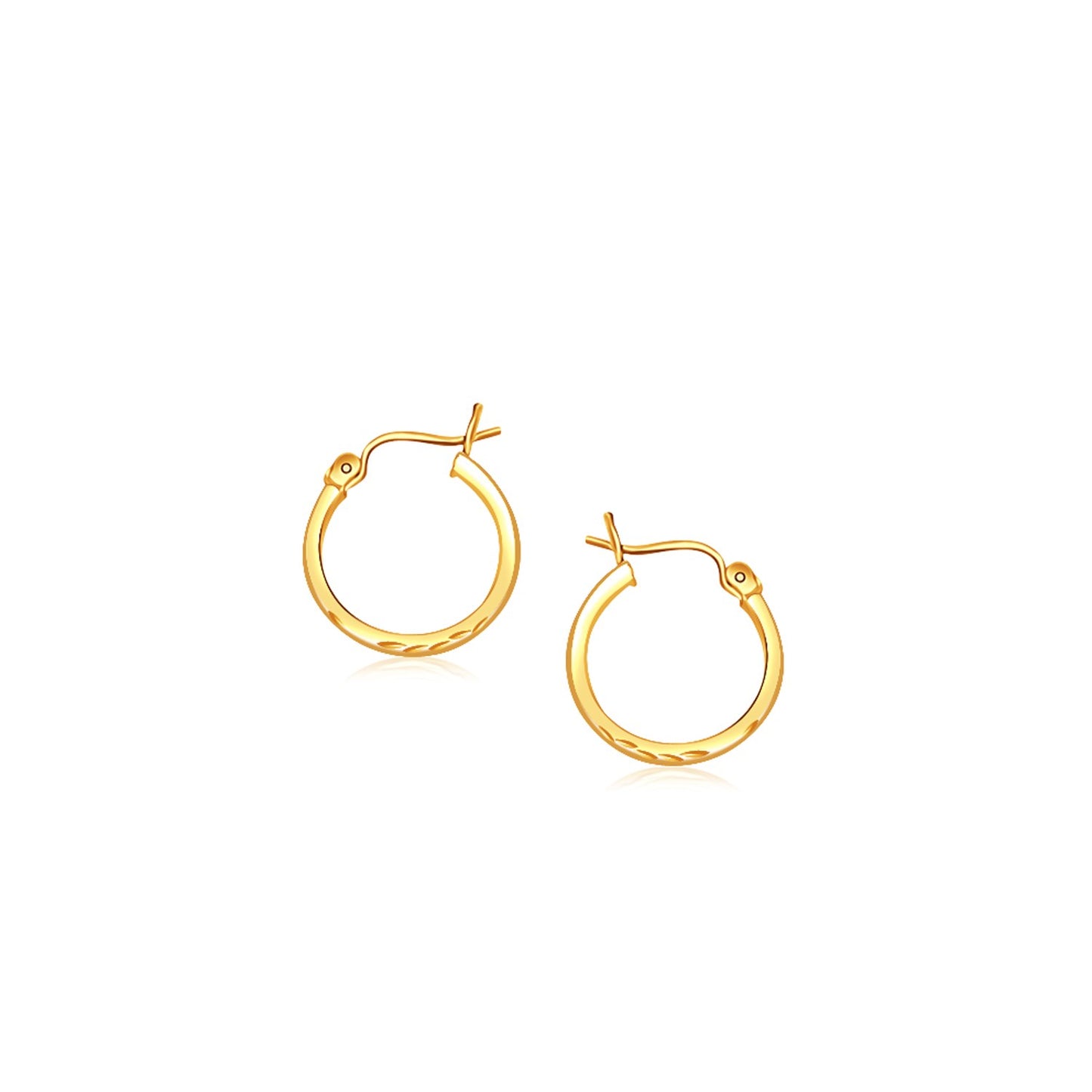 14k Yellow Gold Slender Hoop Earring with Diamond-Cut Finish (2x15mm) in a sleek high-contrast midnight luxury editorial styl