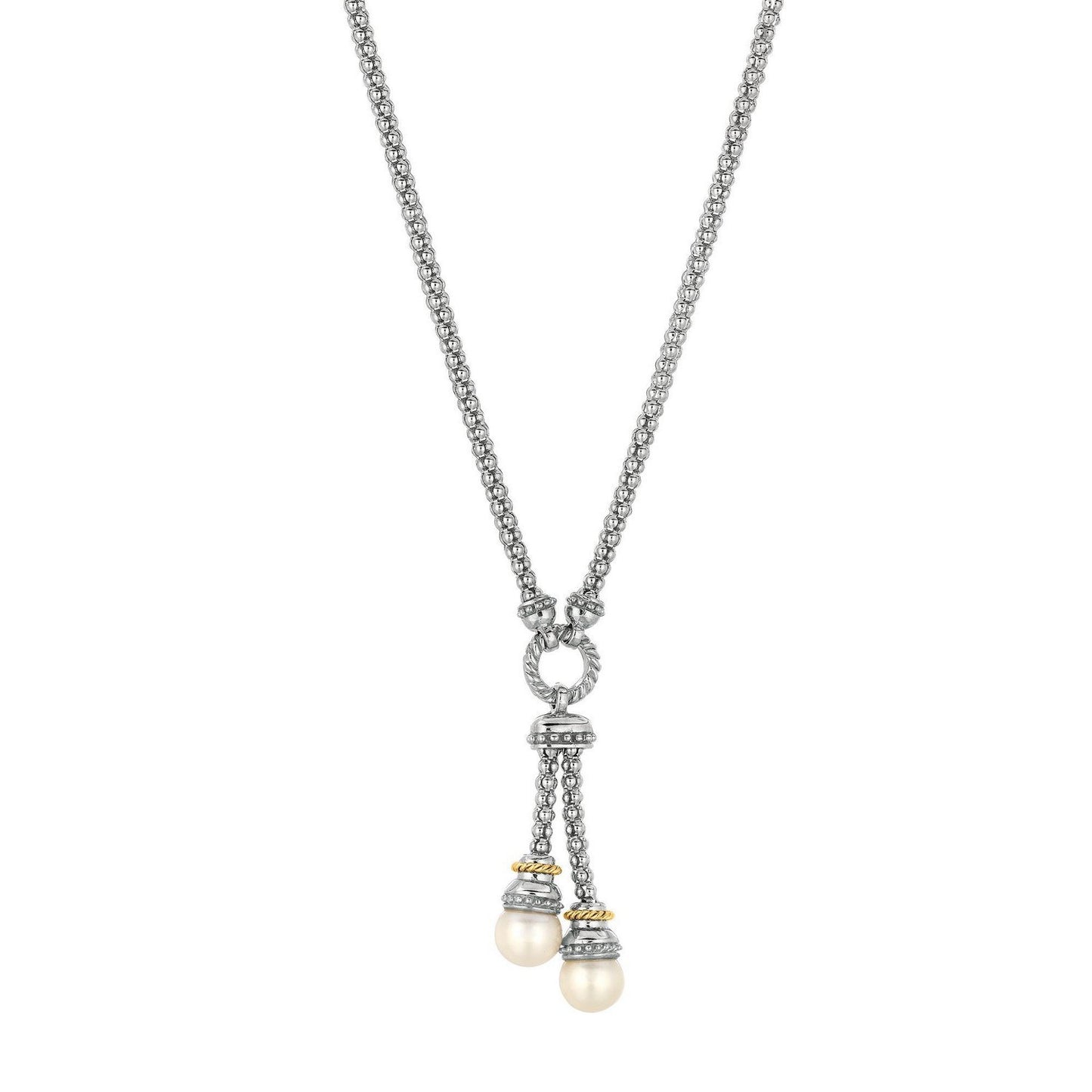 18k Yellow Gold and Sterling Silver Popcorn Style Necklace with Pearl Accents - Peelerie