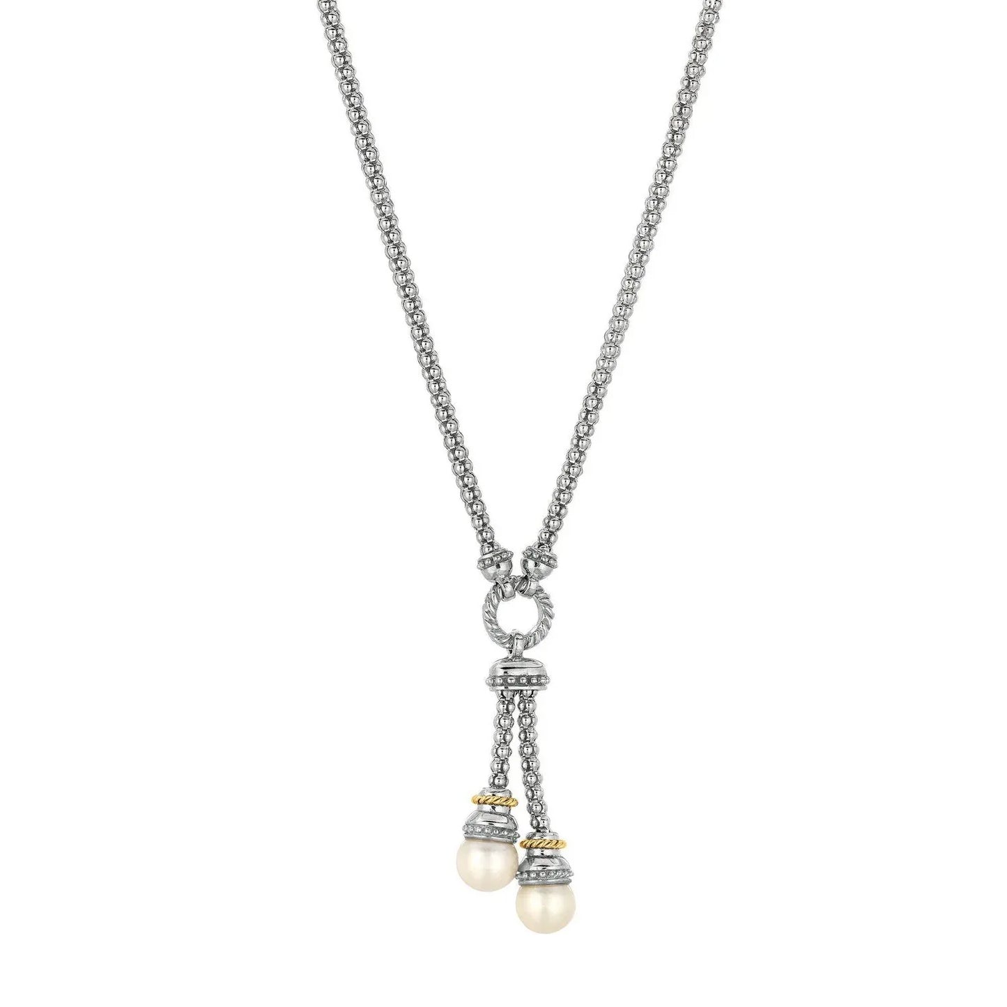 18k Yellow Gold and Sterling Silver Popcorn Style Necklace with Pearl Accents - Peelerie