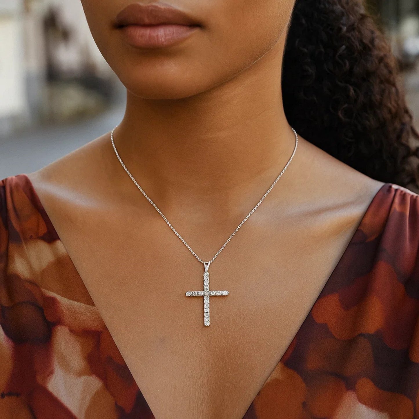 Cross Pendant with Diamonds in Sterling Silver
