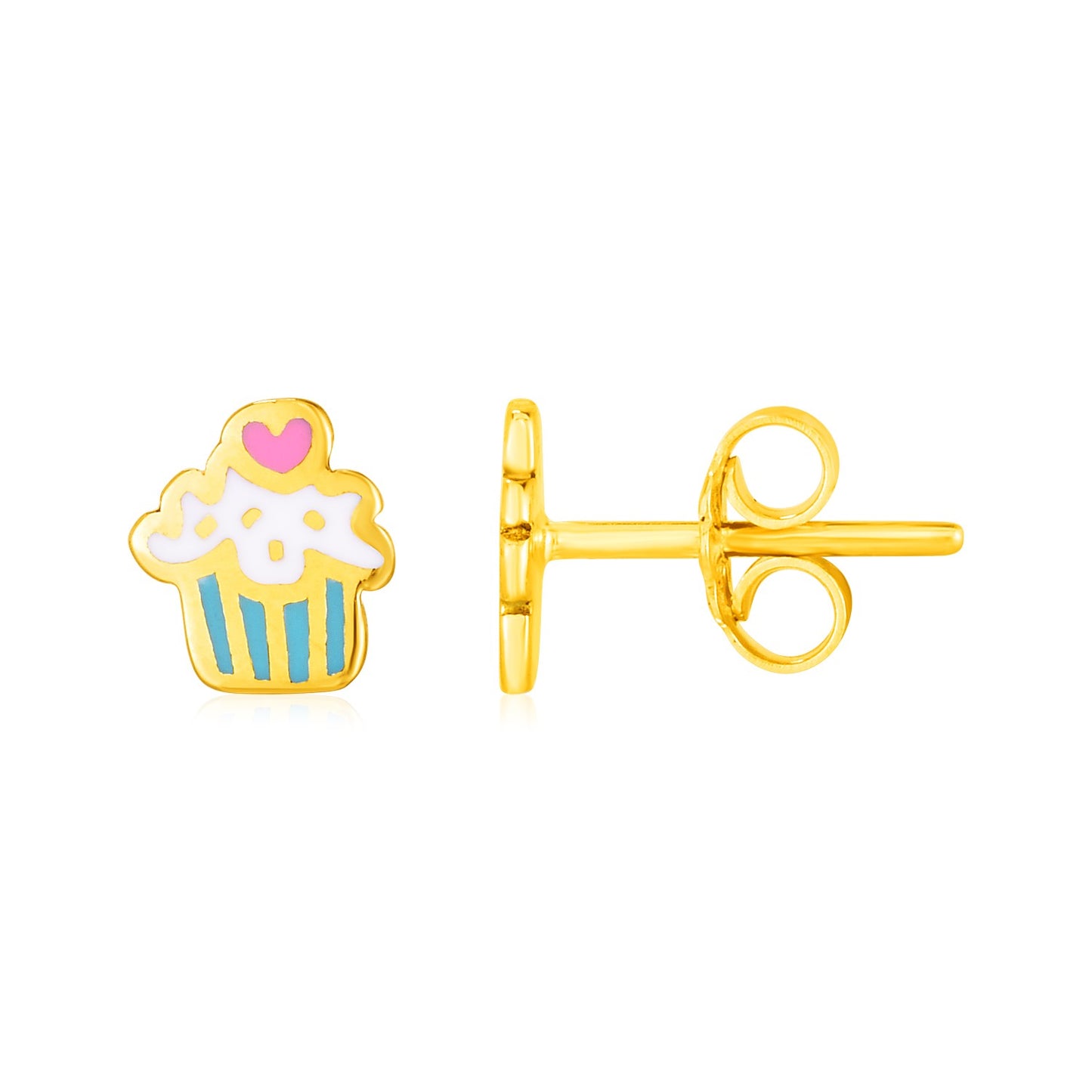 14k Yellow Gold and Enamel Cupcake Stud Earrings in a sleek high-contrast midnight luxury editorial style