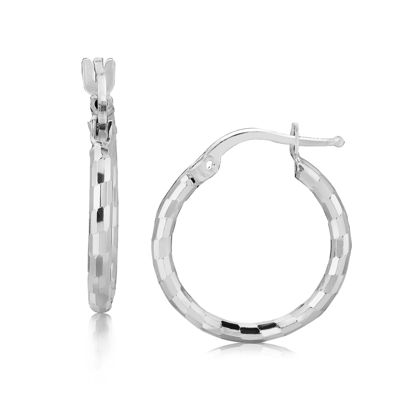 Sterling Silver Rhodium Plated Diamond Cut Small Hoop Earrings (2x15mm) in a sleek high-contrast midnight luxury editorial st