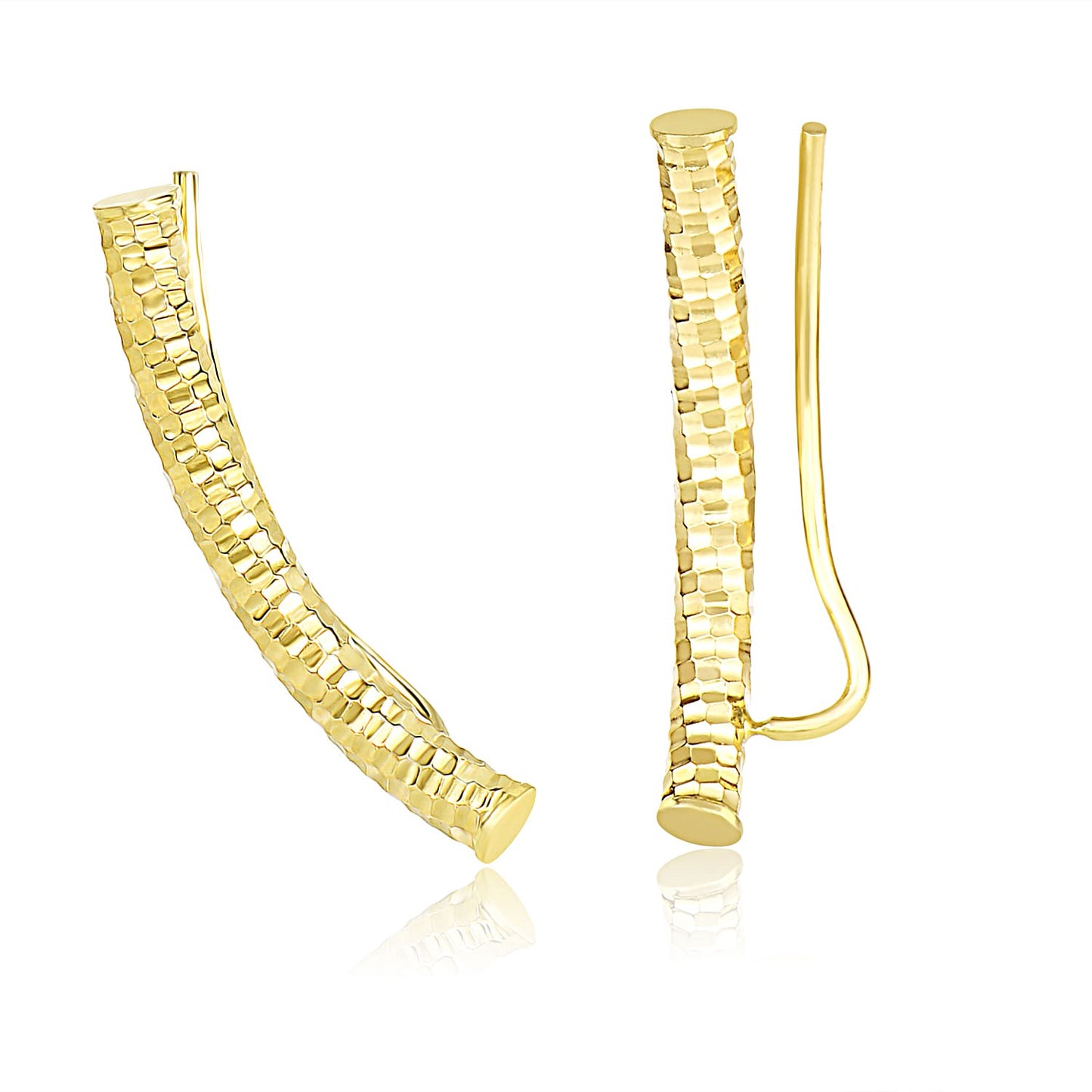 14k Yellow Gold Curved Tube Earrings with Diamond Cuts in a sleek high-contrast midnight luxury editorial style