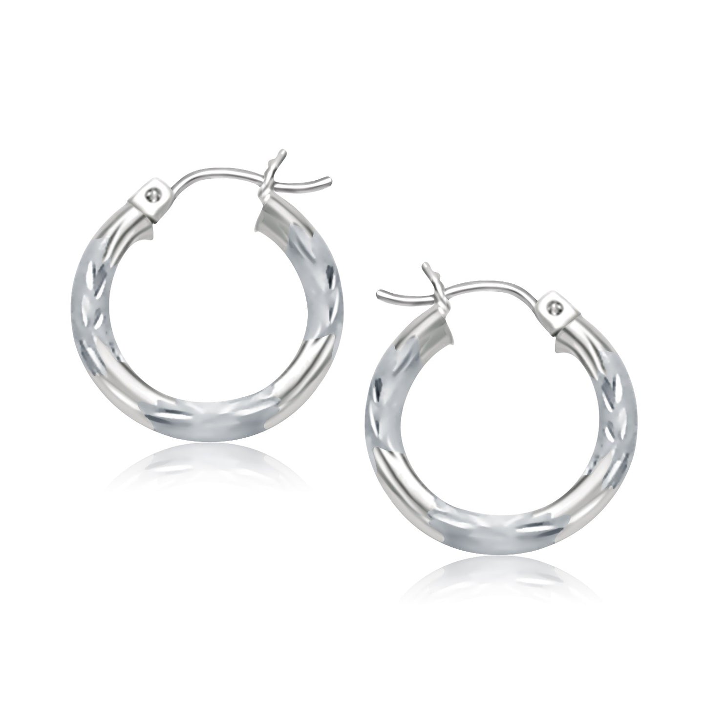 14k White Gold Hoop Earrings with Diamond Cuts (3x15mm) in a sleek high-contrast midnight luxury editorial style