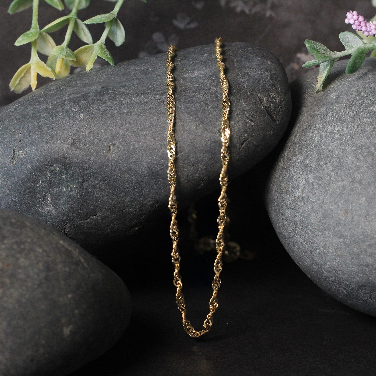 14k Yellow Gold Singapore Chain (2.10 mm) in a sleek high-contrast midnight luxury editorial style
