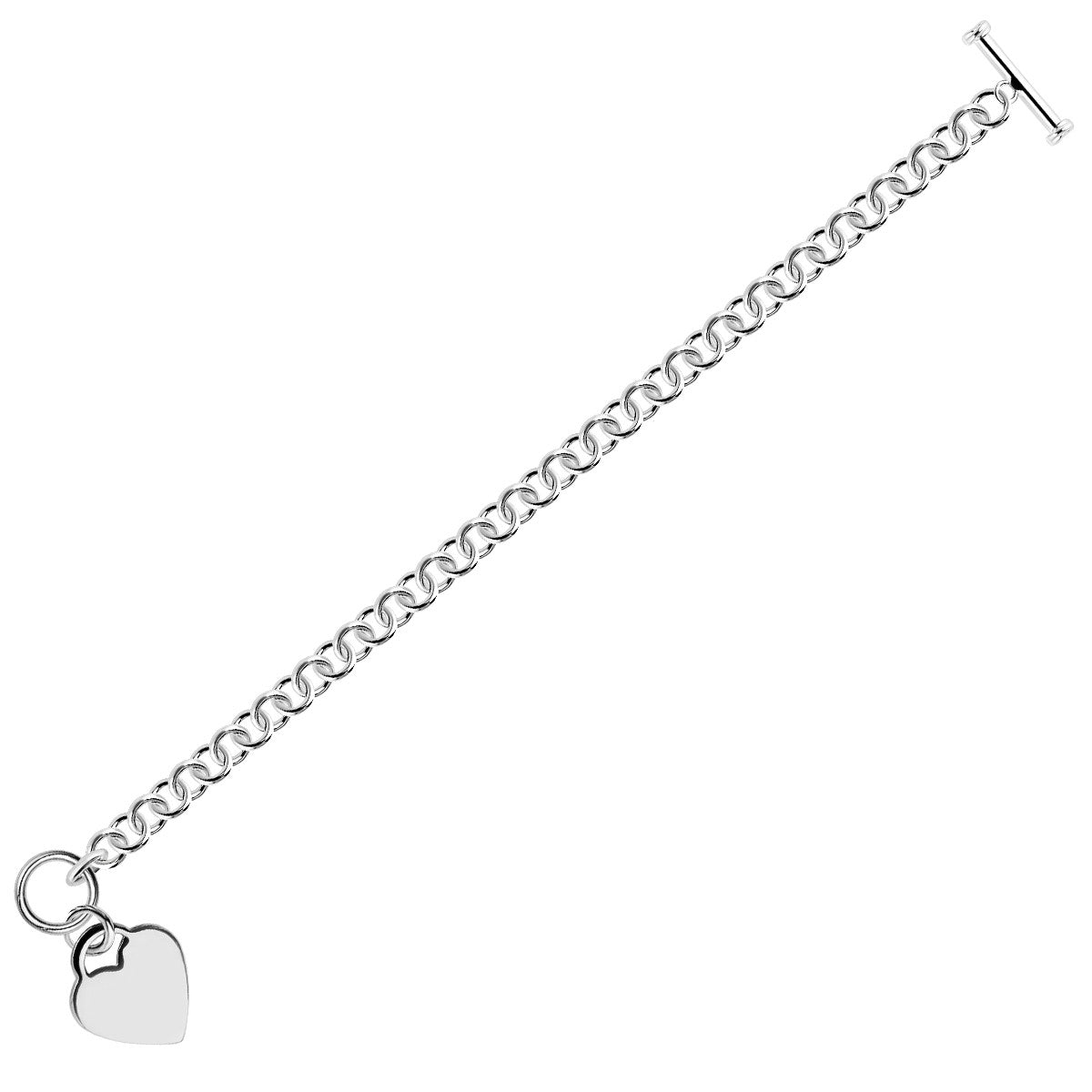 Sterling Silver Rhodium Plated Rolo Chain Bracelet with a Heart Charm (6.00 mm) in a sleek high-contrast midnight luxury edit