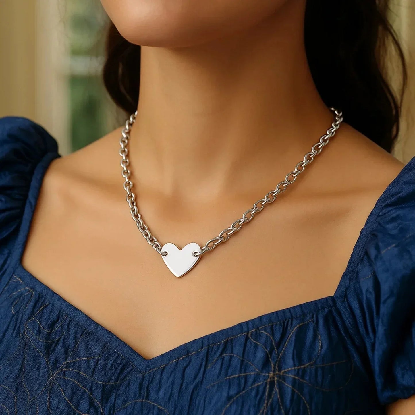 Sterling Silver Rhodium Plated Chain Bracelet with a Flat Heart Motif Station - Peelerie