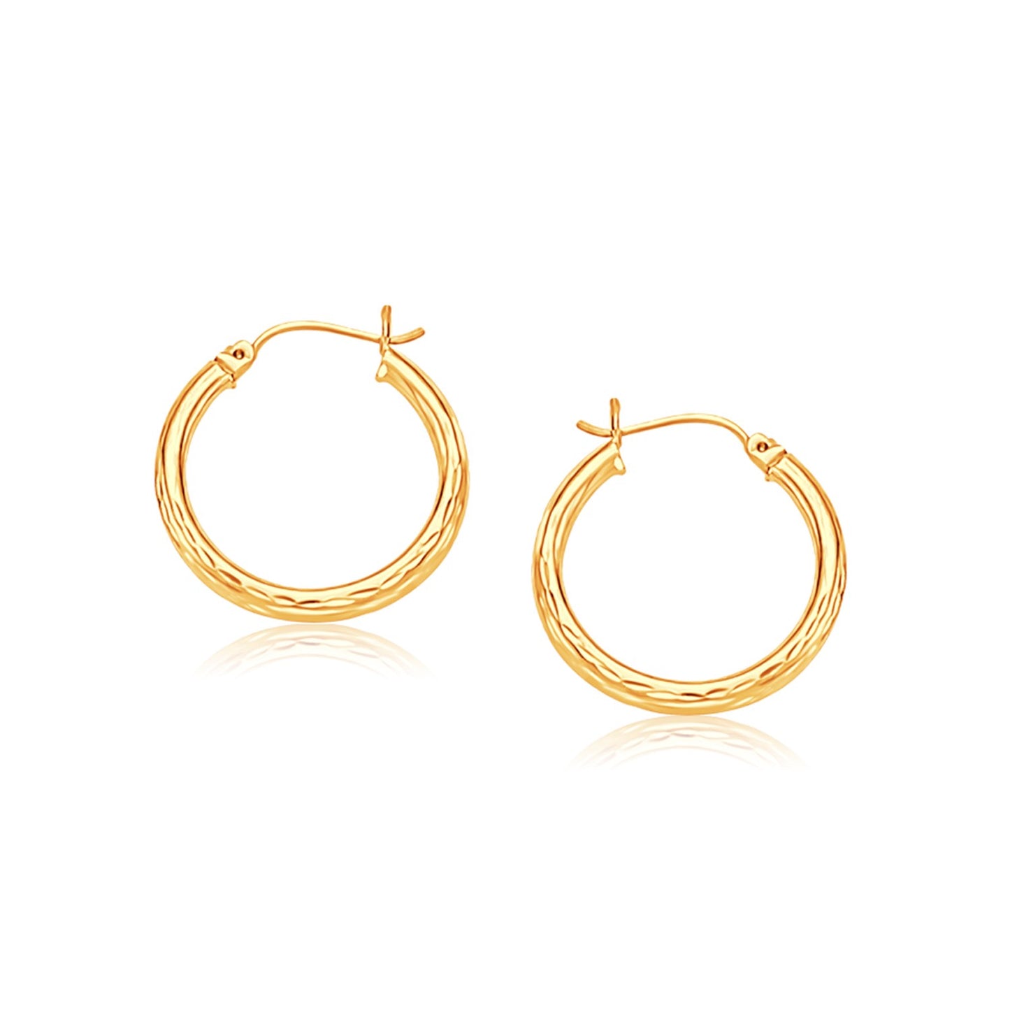 14k Yellow Gold Hoop Earring with Diamond-Cut Finish(3x25mm) in a sleek high-contrast midnight luxury editorial style