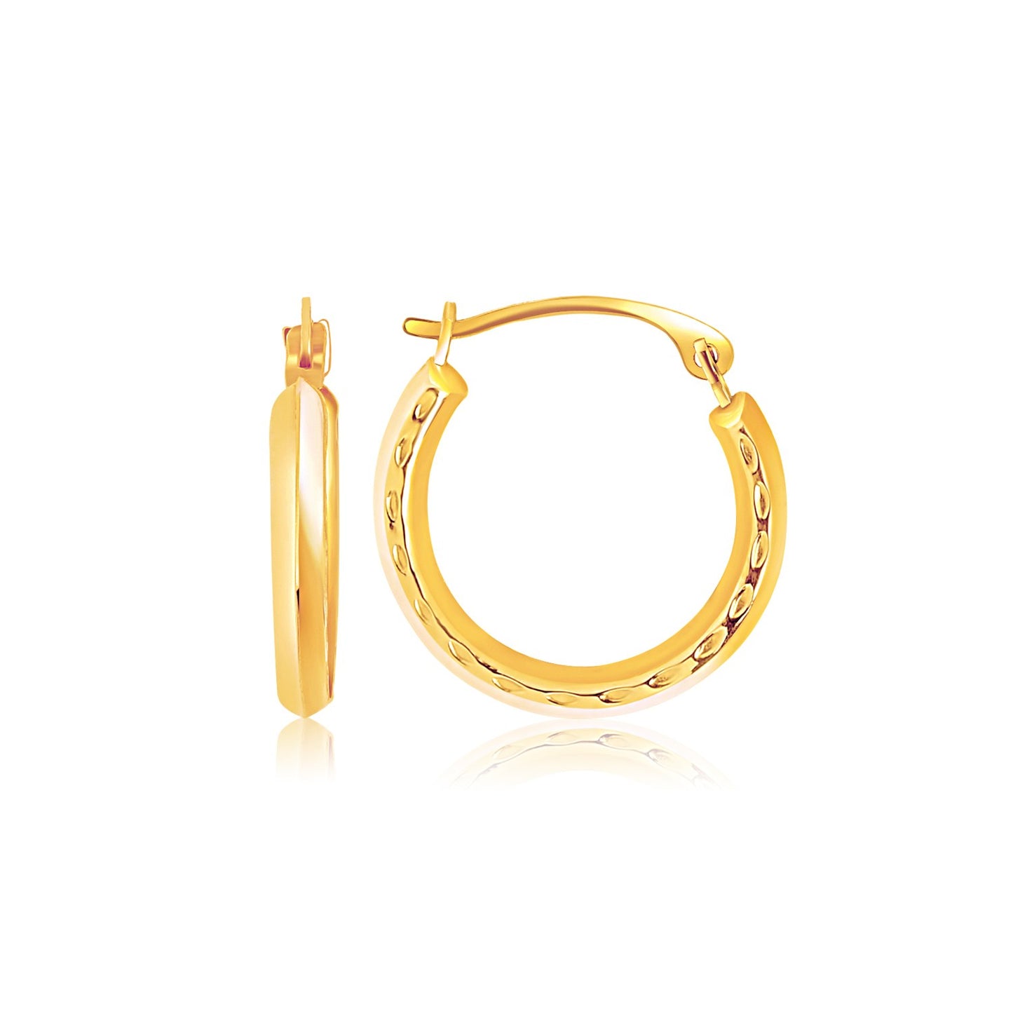 14k Yellow Gold Hoop Earrings with Textured Detailing in a sleek high-contrast midnight luxury editorial style