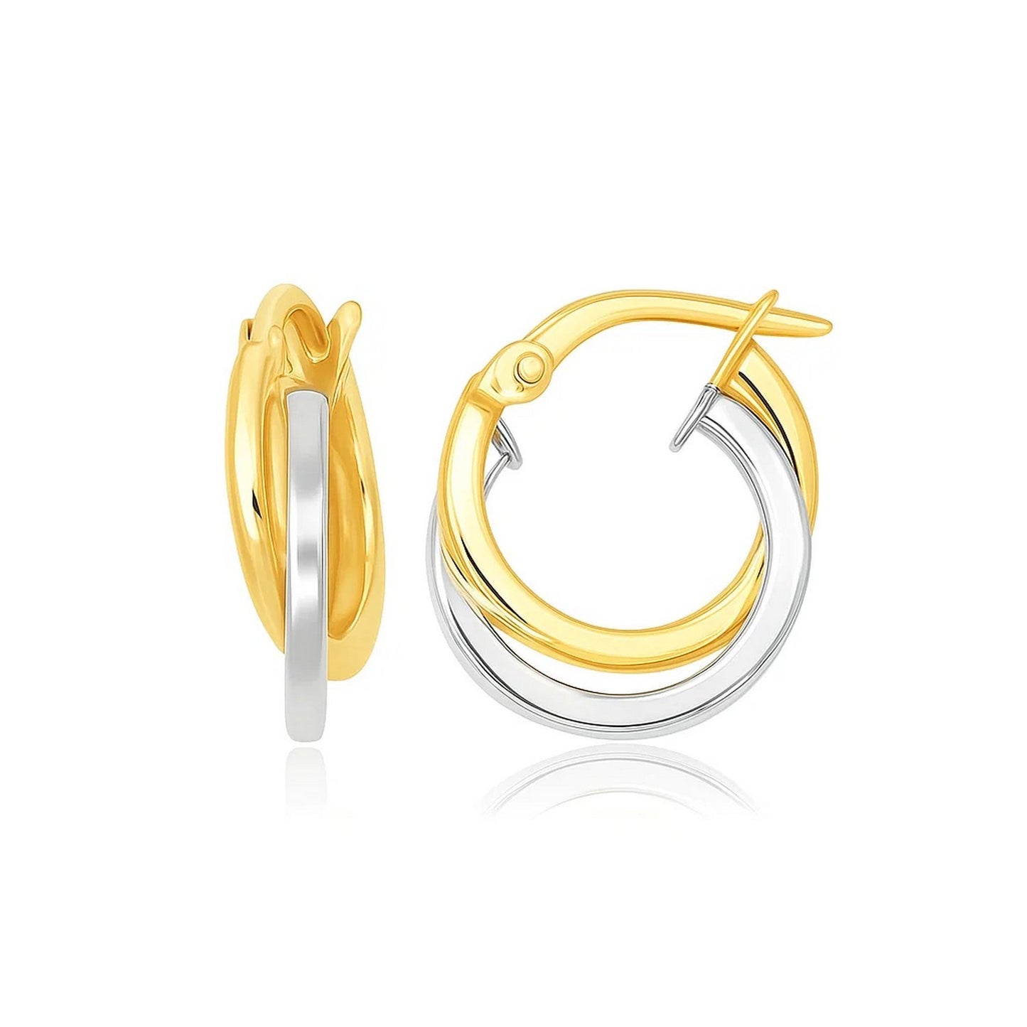 14k Two Tone Gold Earrings in Double Round Hoop Style in a sleek high-contrast midnight luxury editorial style