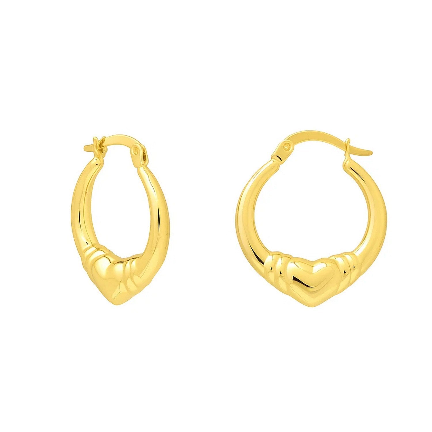Medium Heart Hoop Earrings in 14K Yellow Gold in a sleek high-contrast midnight luxury editorial style