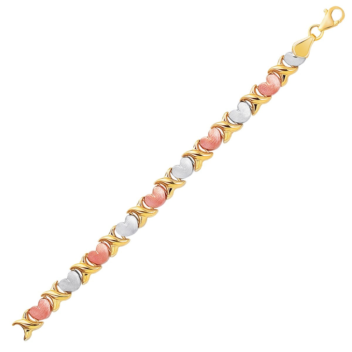 14k Tri-Color Gold Fancy Satin Heart Line Bracelet (6.35 mm) in a sleek high-contrast midnight luxury editorial style