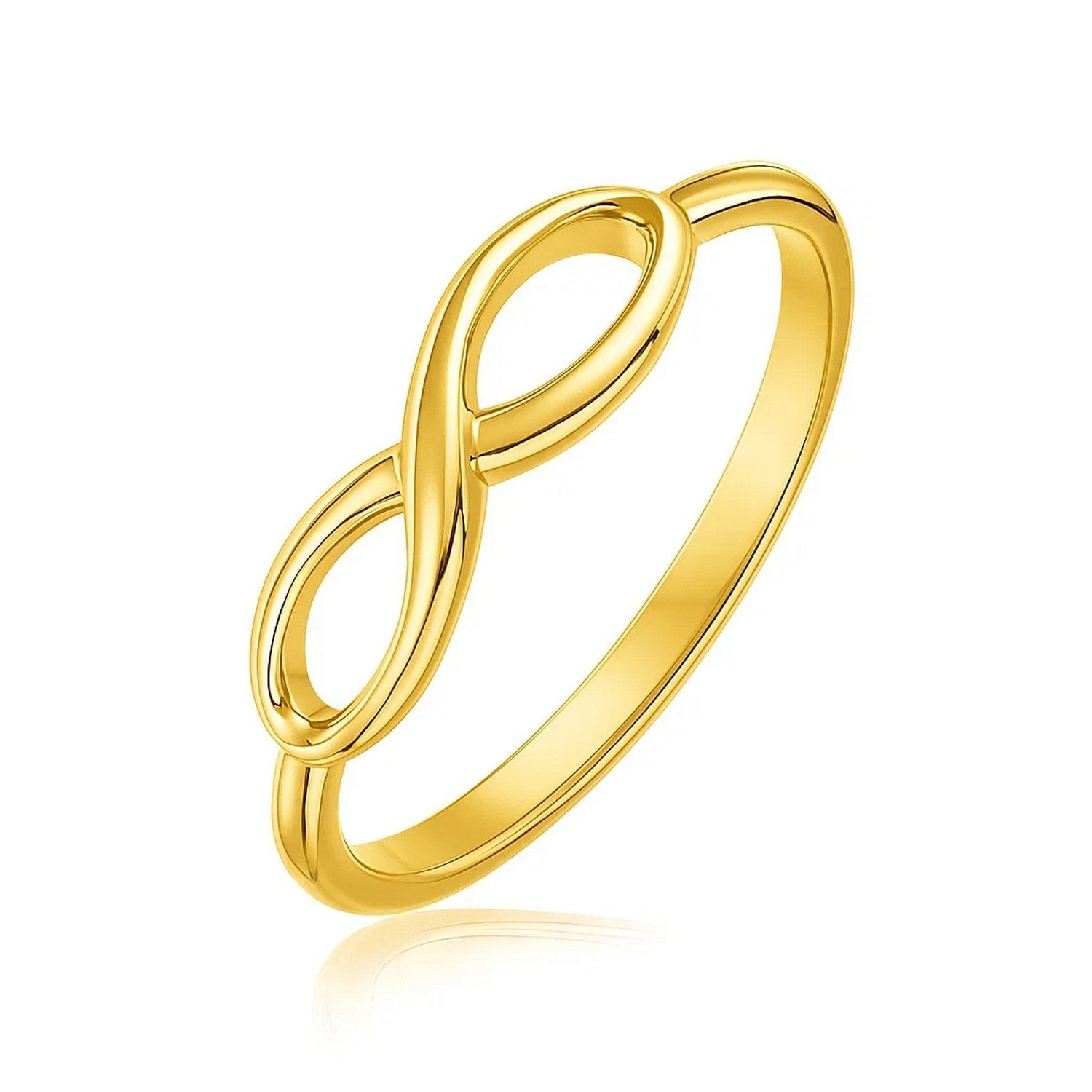 14k Yellow Gold Infinity Ring in High Polish in a sleek high-contrast midnight luxury editorial style