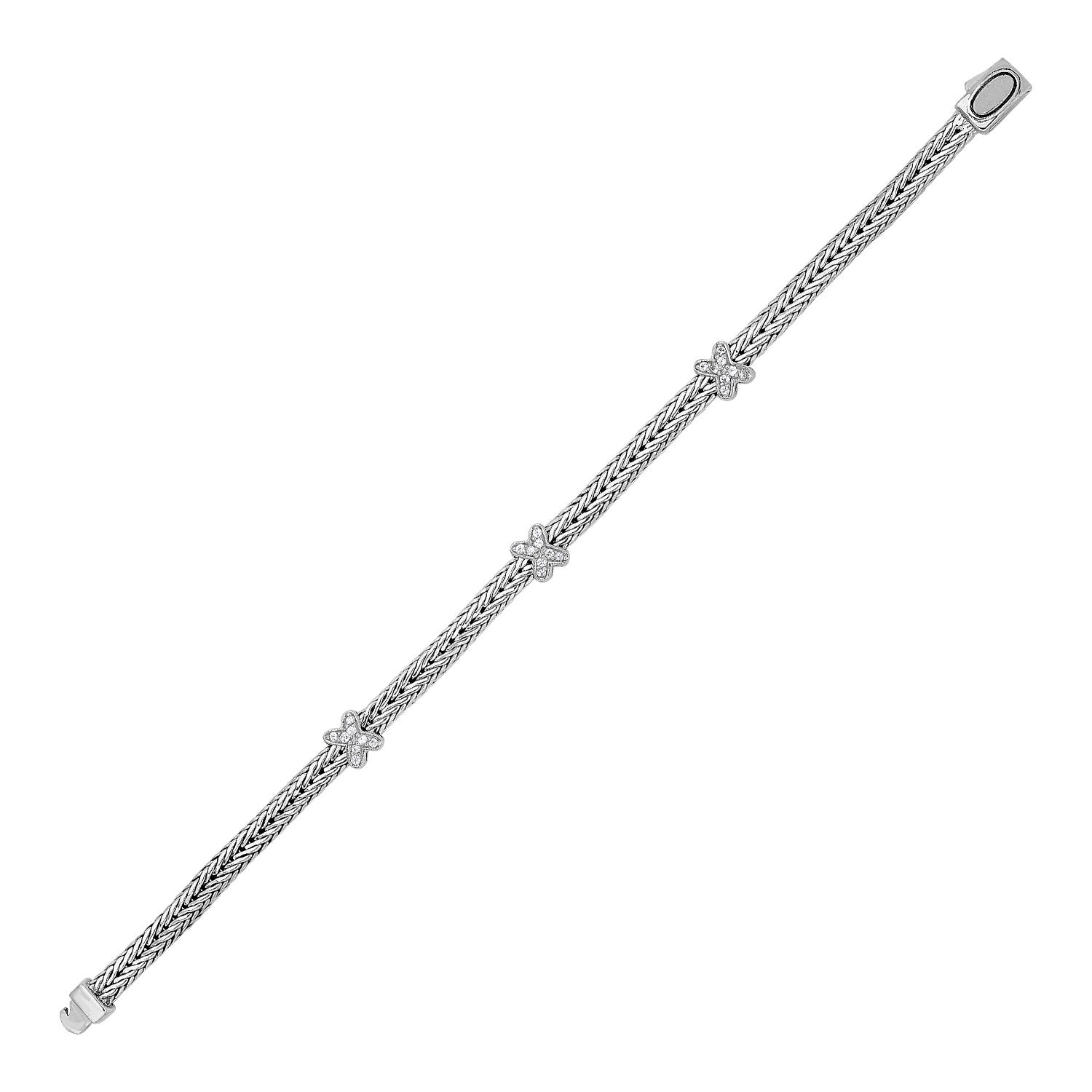 Woven Rope Bracelet with White Sapphire X Accents in Sterling Silver (2.00 mm) in a sleek high-contrast midnight luxury edito
