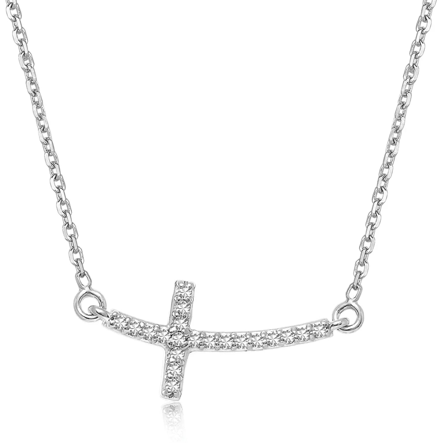 14k White Gold Curved Cross Diamond Studded Necklace (.11cttw) - Peelerie