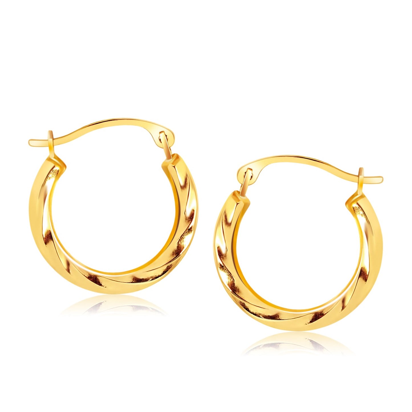 14k Yellow Gold Hoop Earrings in Textured Polished Style in a sleek high-contrast midnight luxury editorial style