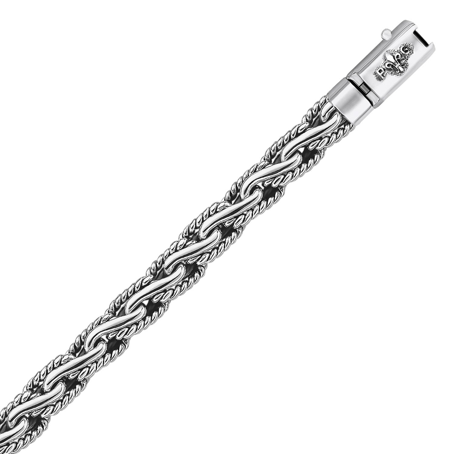Oxidized Sterling Silver Mens Chain Bracelet in a Cable Motif (8.50 mm) in a sleek high-contrast midnight luxury editorial st