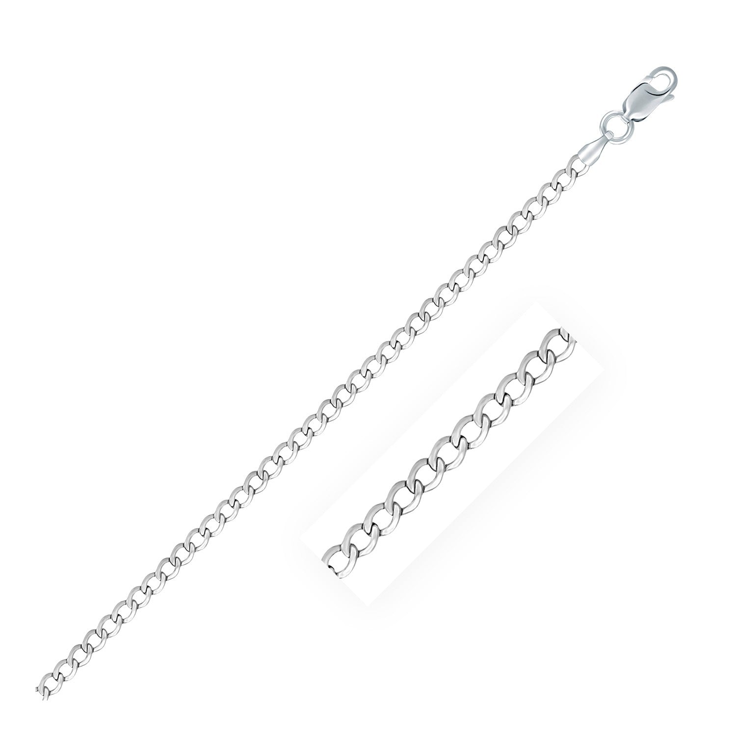 Rhodium Plated Sterling Silver Curb Style Chain (3.00 mm) in a sleek high-contrast midnight luxury editorial style