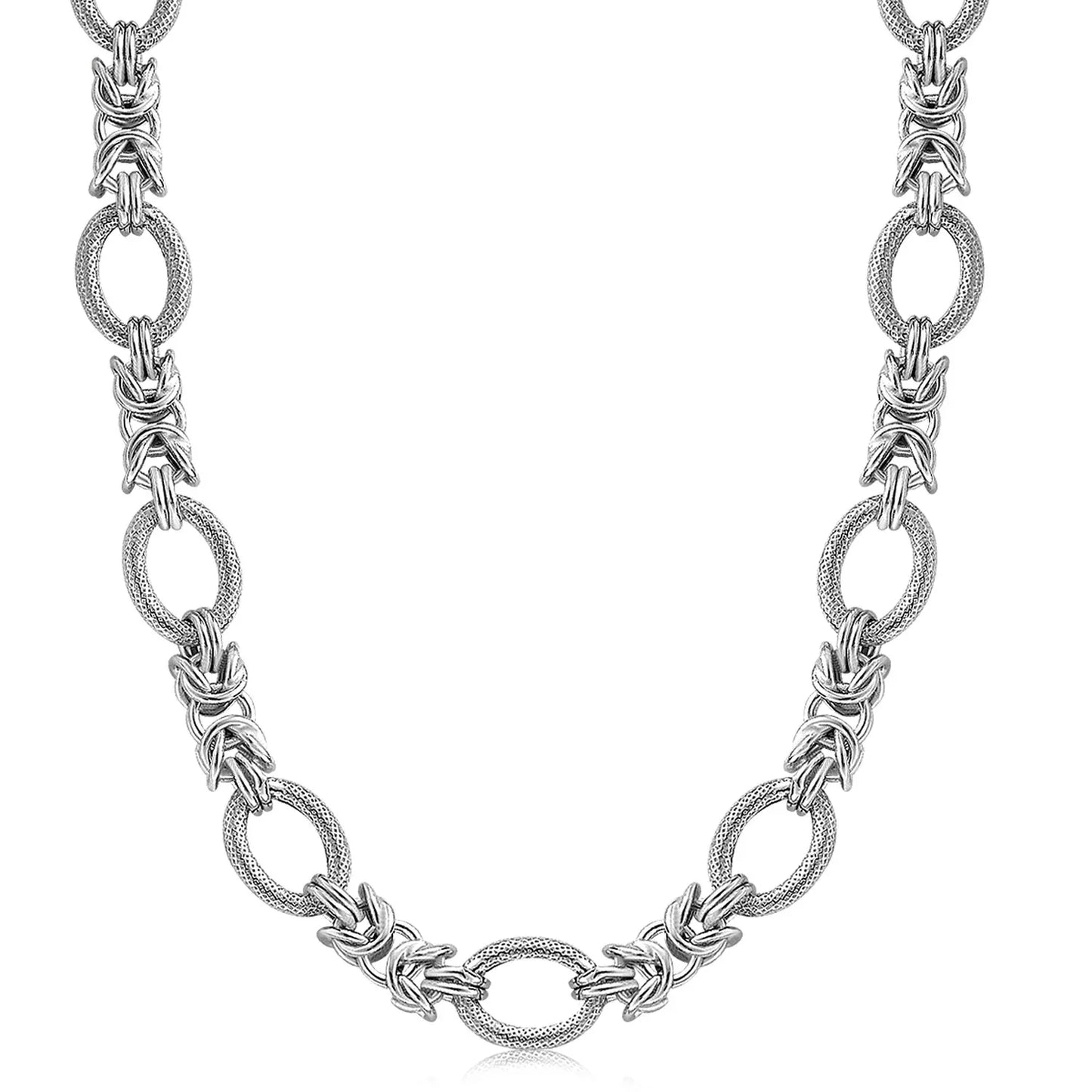 Sterling Silver Rhodium Plated Knot Style and Textured Oval Chain Necklace - Peelerie