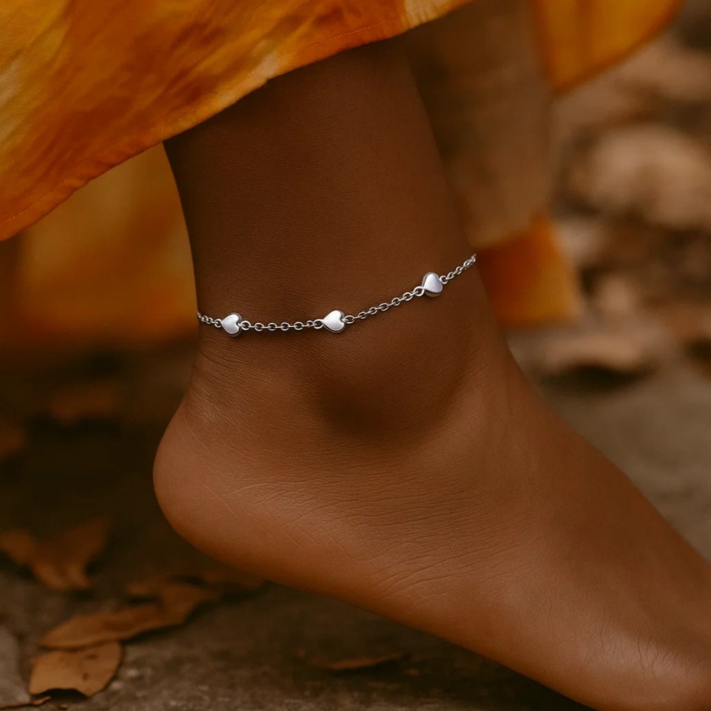 14k White Gold Anklet with Puffed Heart Design - Peelerie