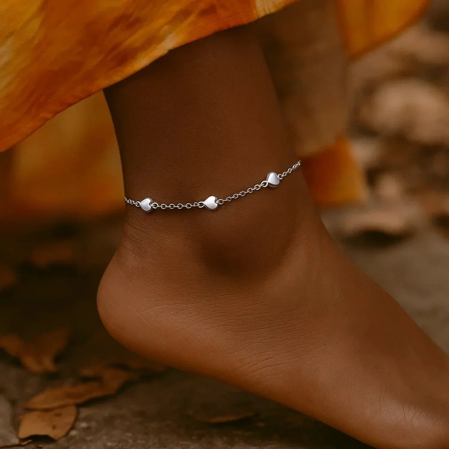 14k White Gold Anklet with Puffed Heart Design - Peelerie