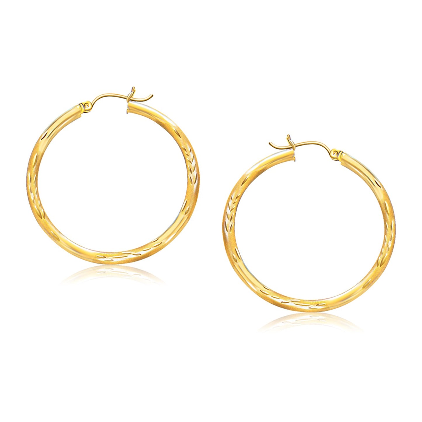 14k Yellow Gold Fancy Diamond Cut Hoop Earrings (3x35mm) in a sleek high-contrast midnight luxury editorial style