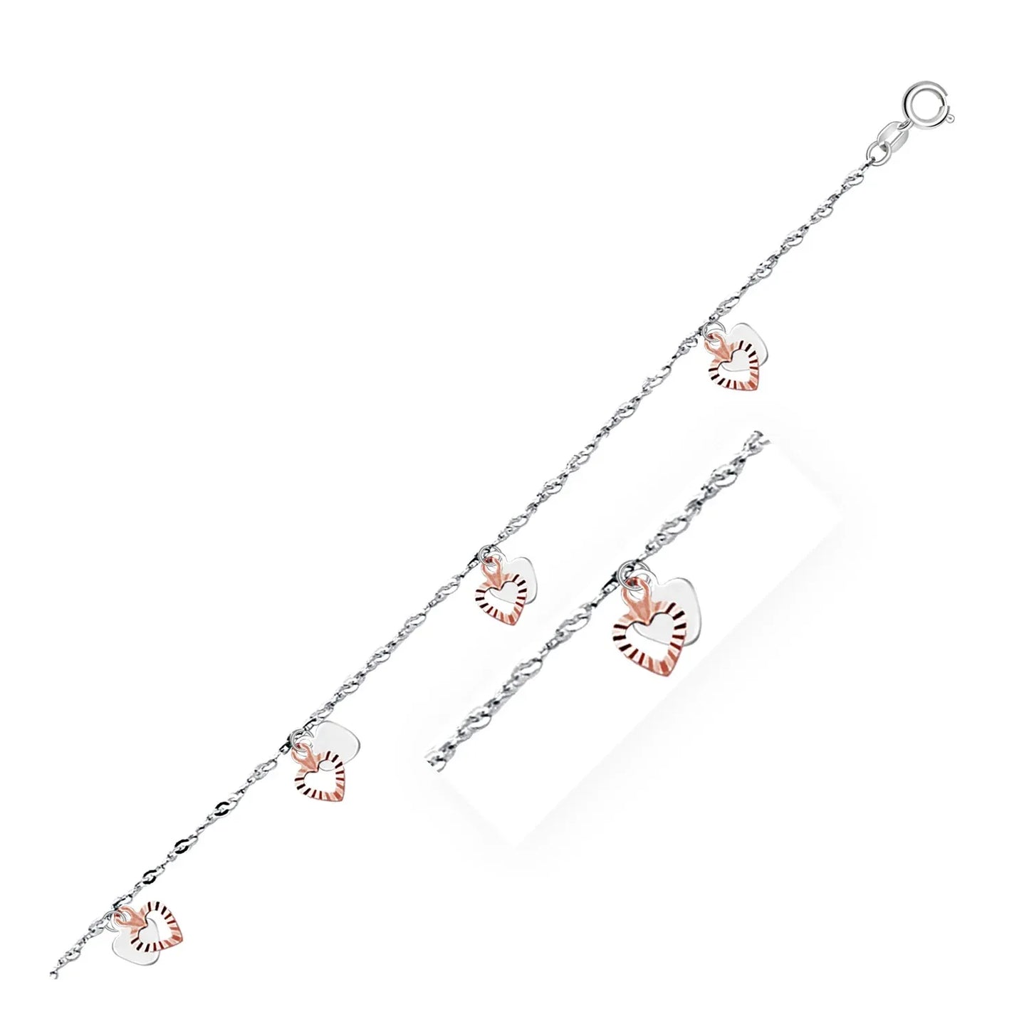 14k White and Rose Gold Anklet with Dual Heart Charms - Peelerie