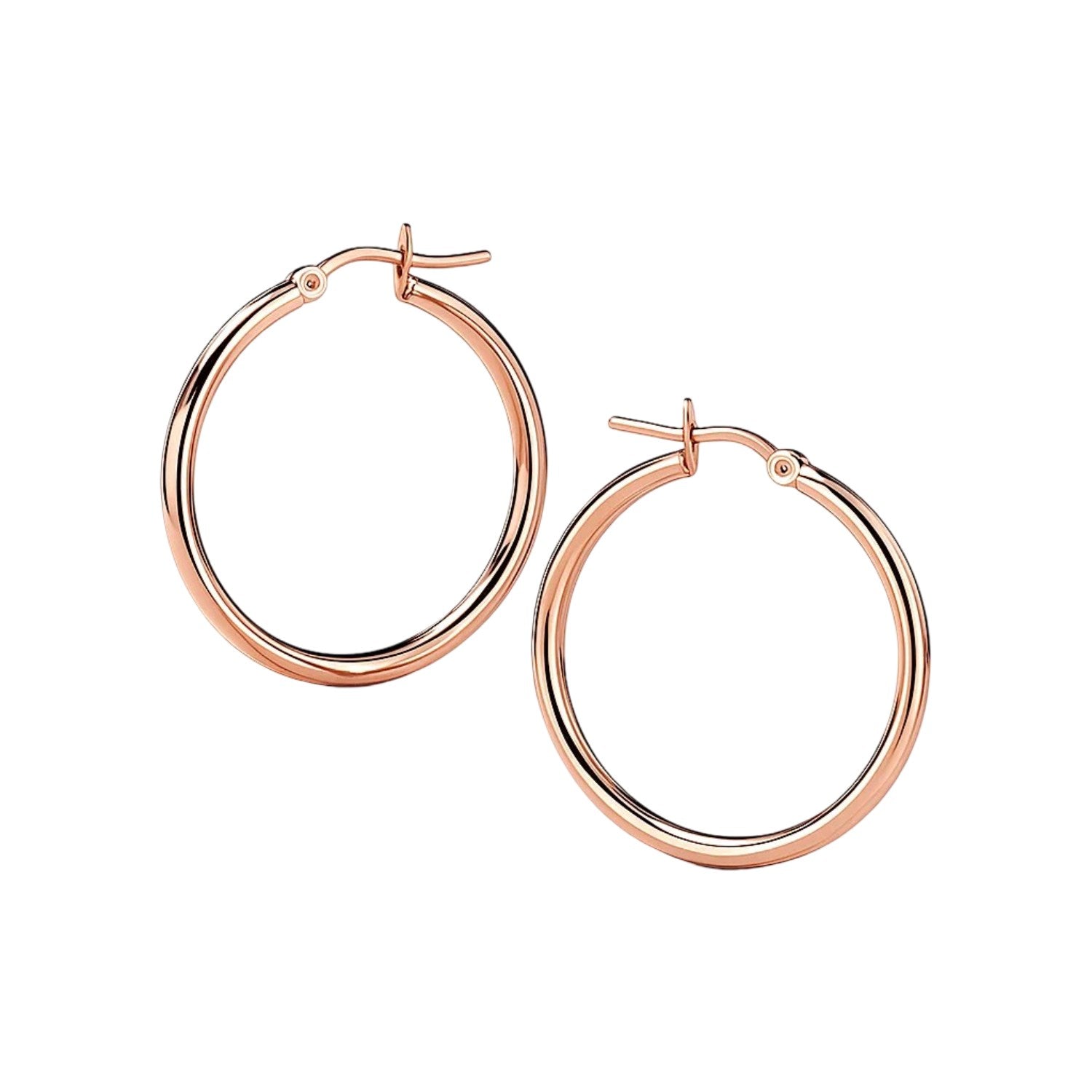 14k Rose Gold Polished Hoop Earrings (2x25mm) in a sleek high-contrast midnight luxury editorial style