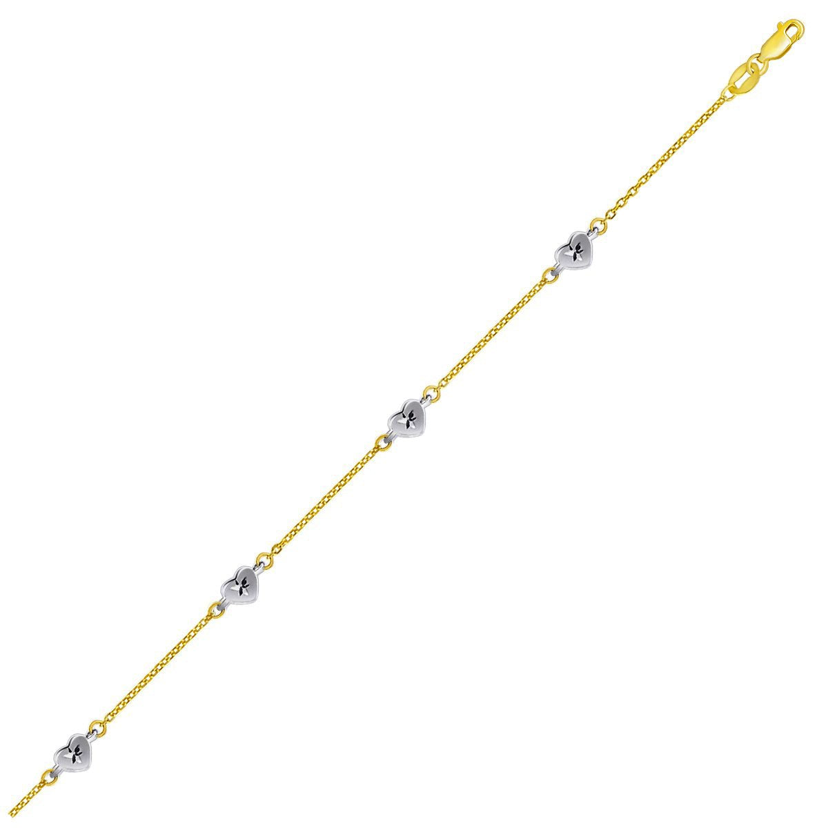 14k Two Tone Gold Anklet with Diamond Cut Heart Style Stations in a sleek high-contrast midnight luxury editorial style