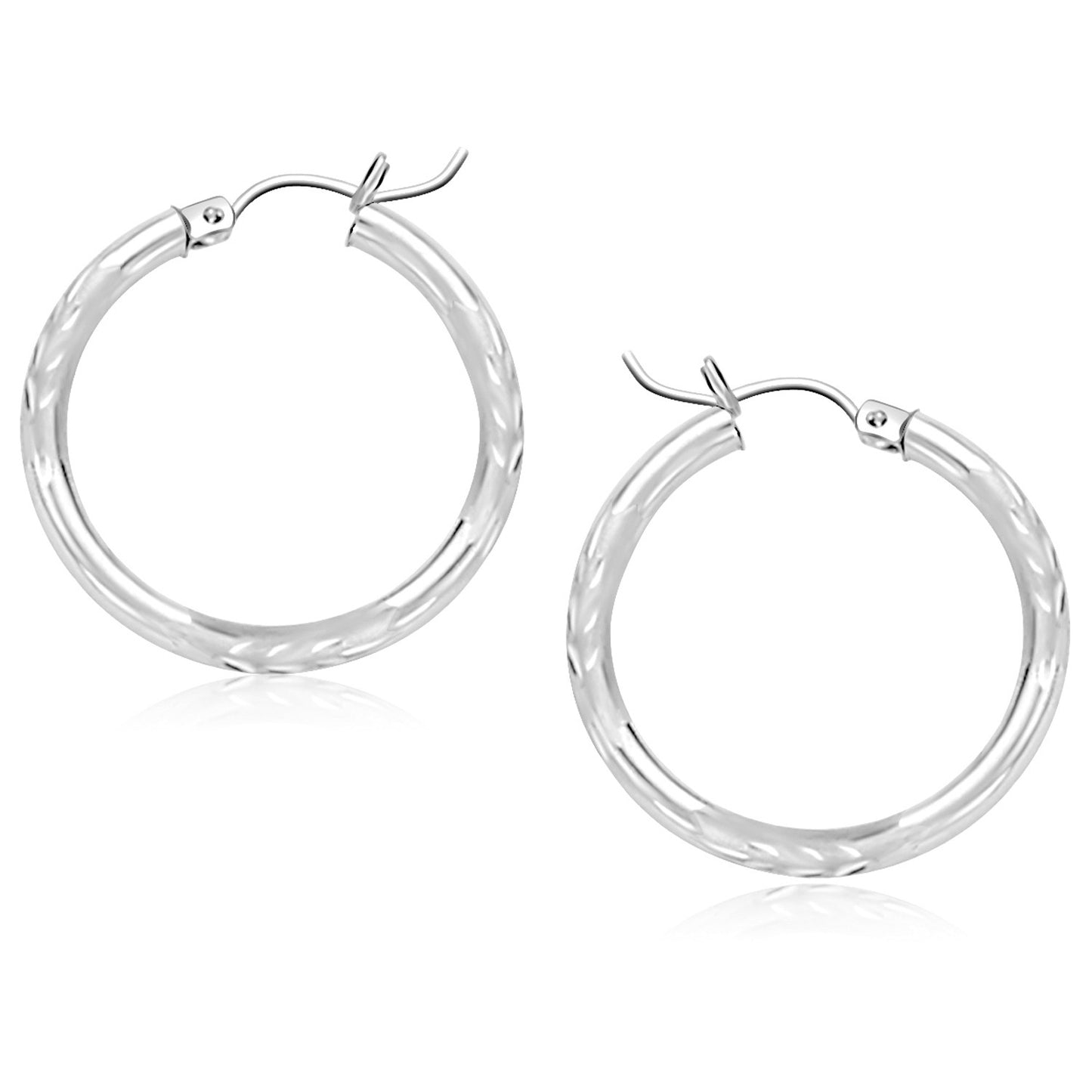 14k White Gold Diamond Cut Hoop Earrings (3x25mm) in a sleek high-contrast midnight luxury editorial style