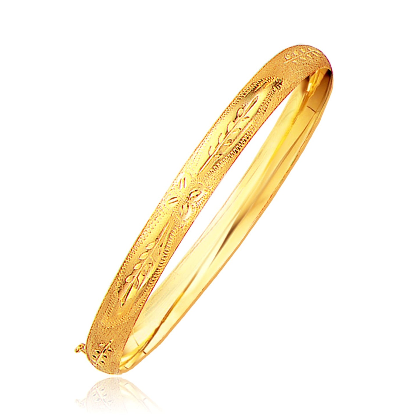 Classic Floral Carved Bangle in 14k Yellow Gold (6.00 mm) in a sleek high-contrast midnight luxury editorial style