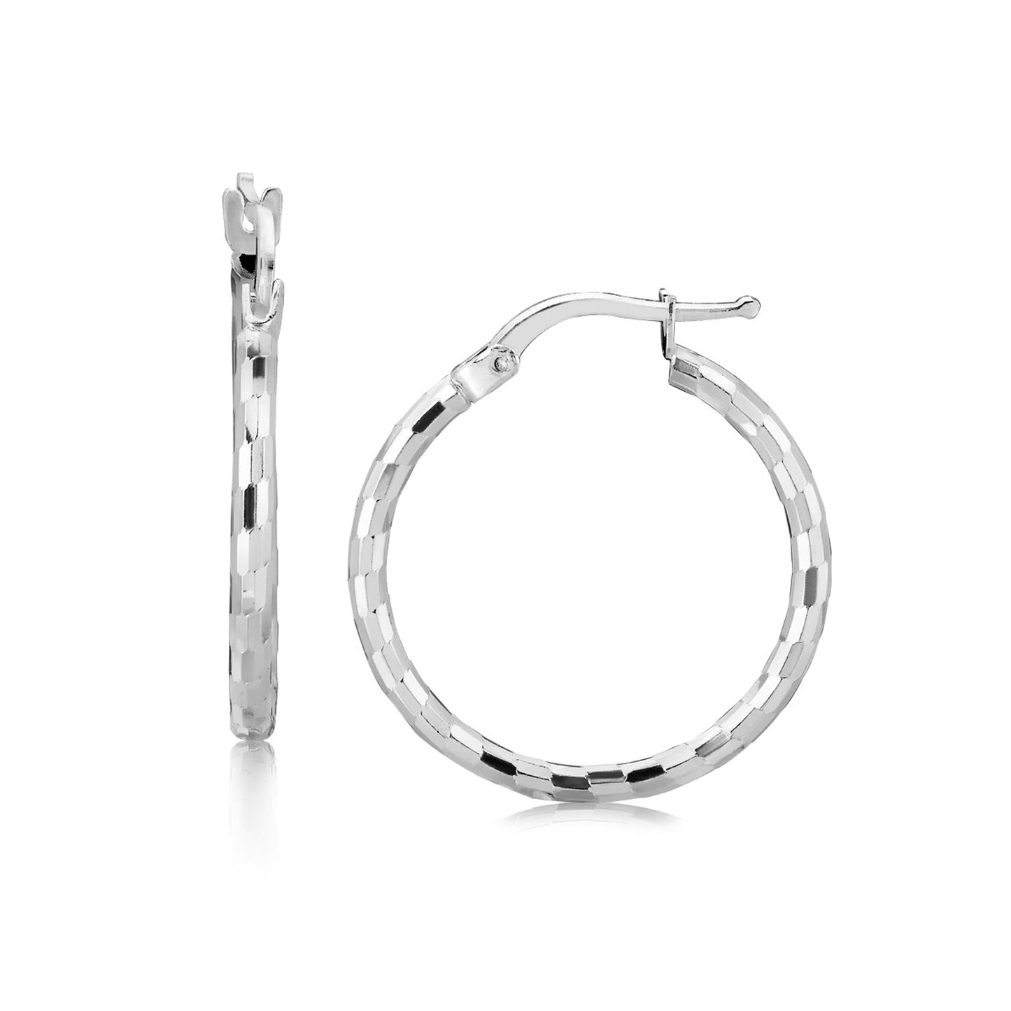 Sterling Silver Diamond Cut Hoop Earrings with Rhodium Plating (2x20mm) in a sleek high-contrast midnight luxury editorial st