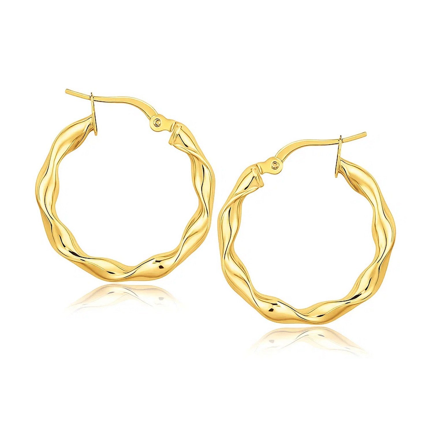 14k Yellow Gold Hoop Earrings (20mm) in a sleek high-contrast midnight luxury editorial style