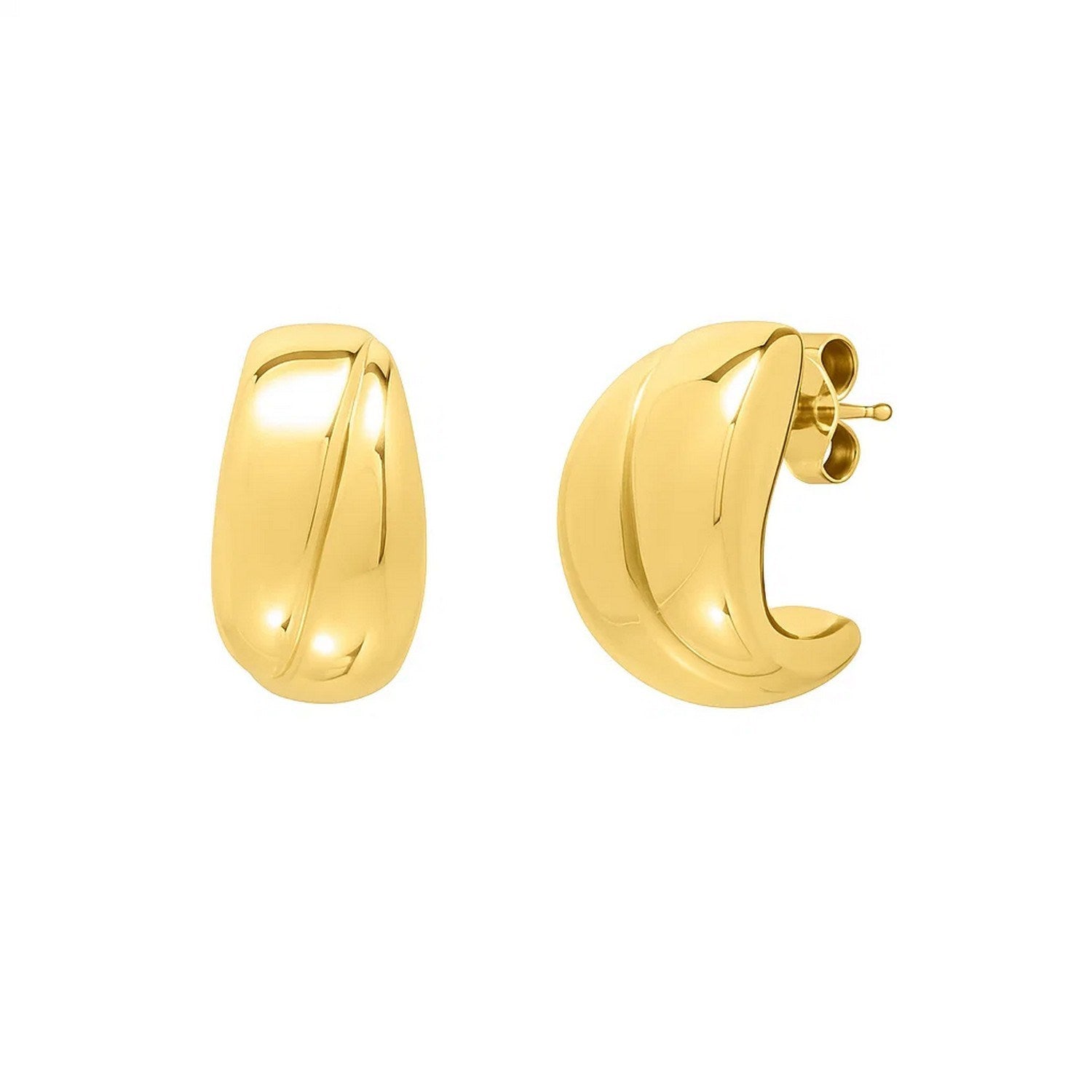 Puffed Up Split Hoop Earrings in 14K Yellow Gold in a sleek high-contrast midnight luxury editorial style