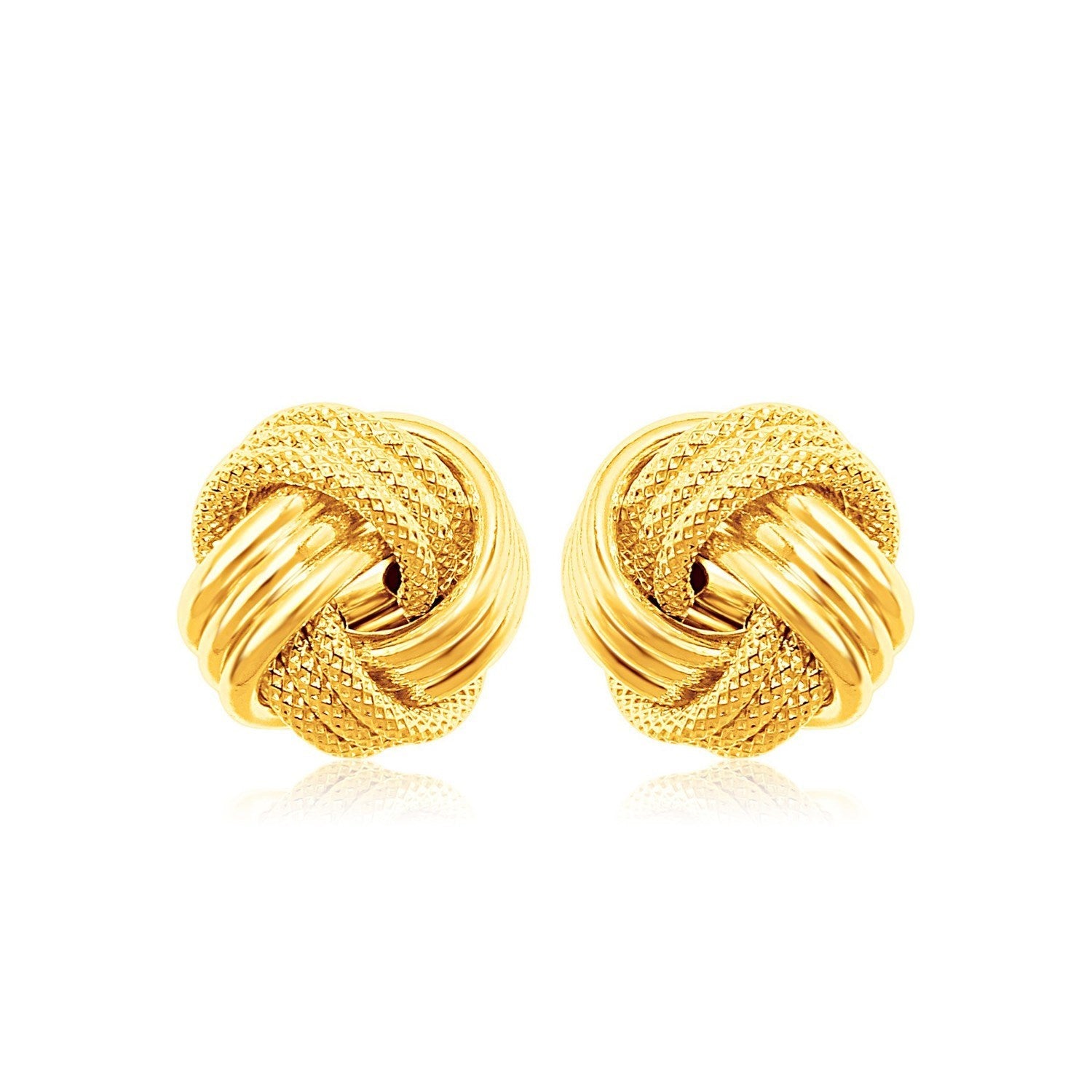 14k Yellow Gold Love Knot with Ridge Texture Earrings in a sleek high-contrast midnight luxury editorial style