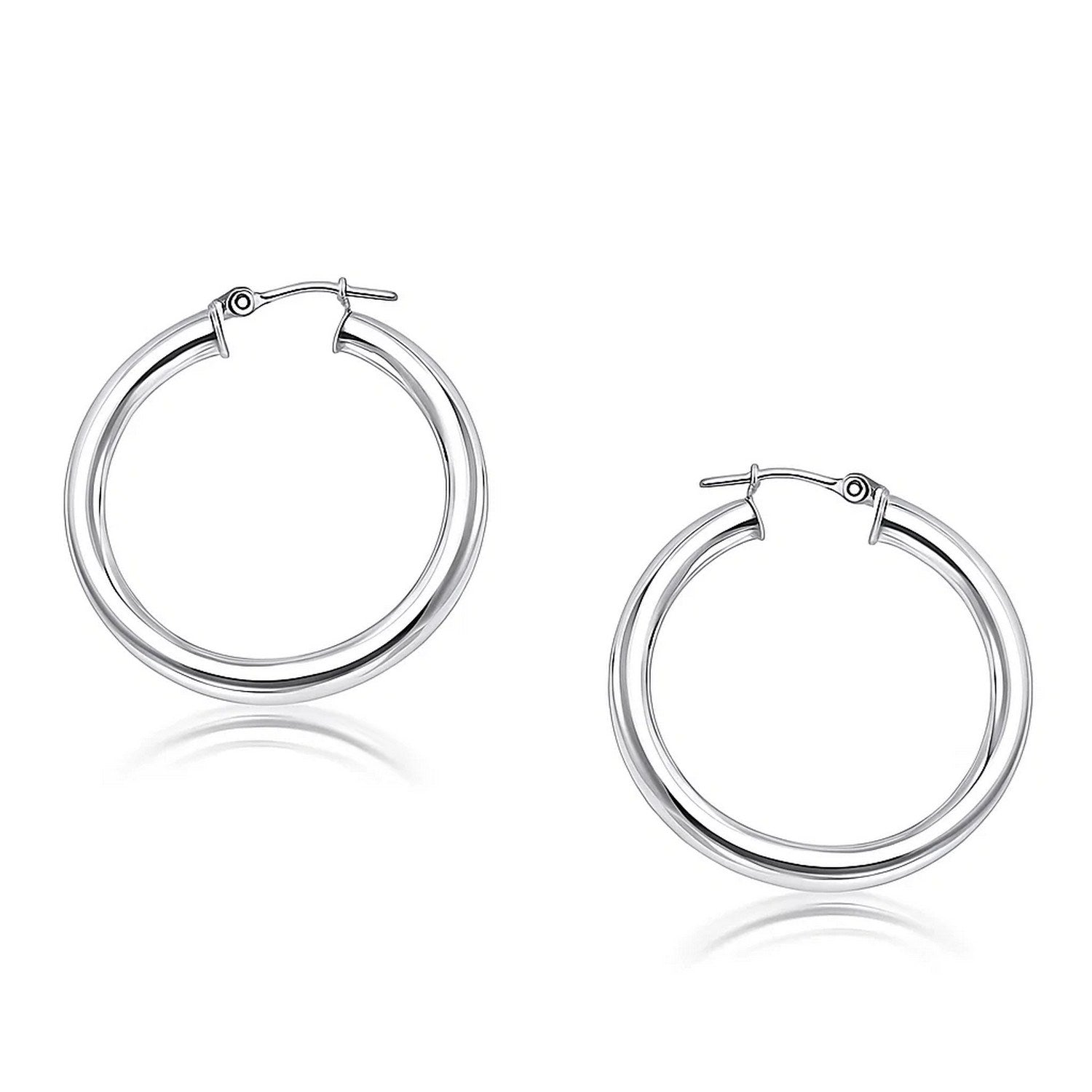 14k White Gold Polished Hoop Earrings (4x30mm) in a sleek high-contrast midnight luxury editorial style