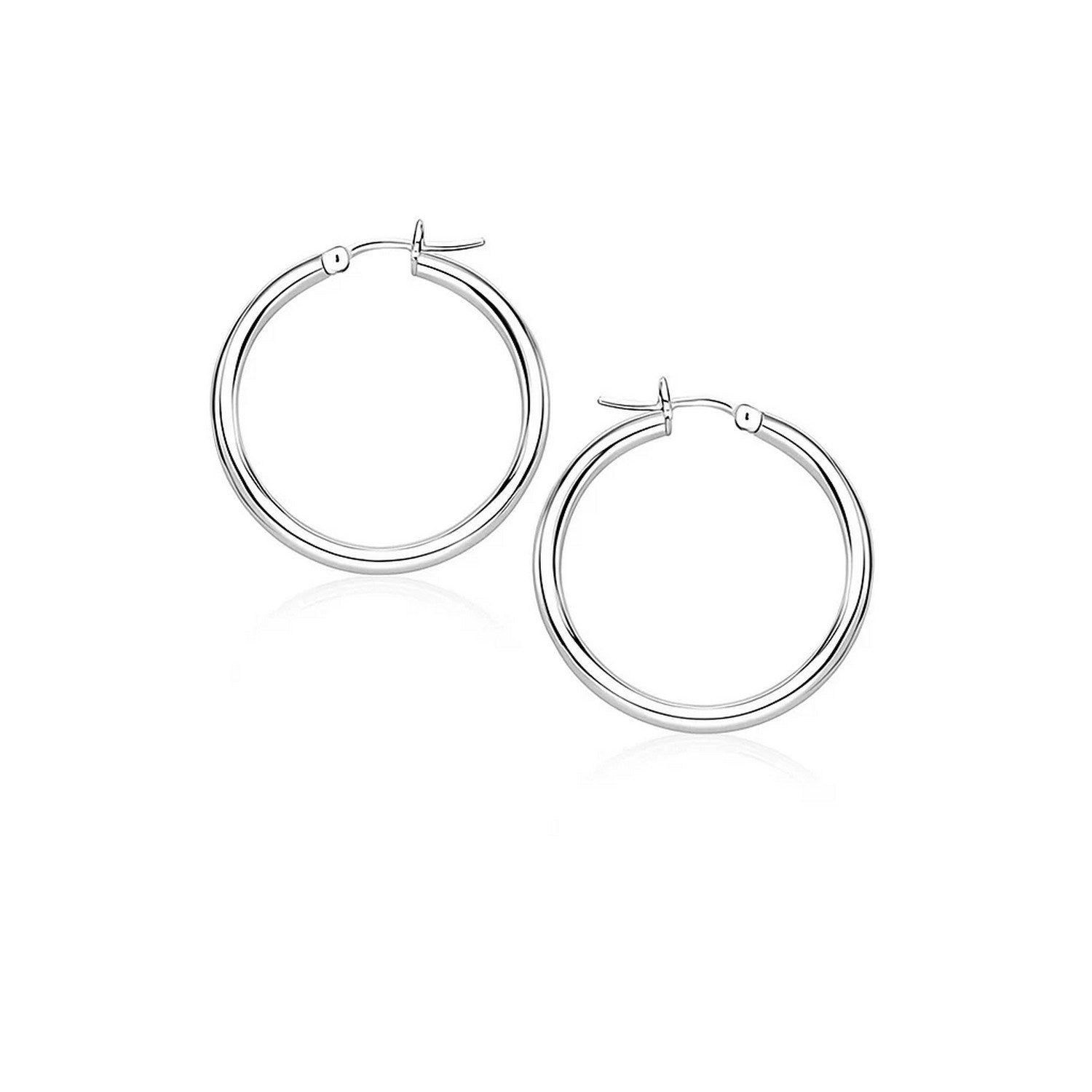 14k White Gold Polished Hoop Earrings (2x20mm) in a sleek high-contrast midnight luxury editorial style