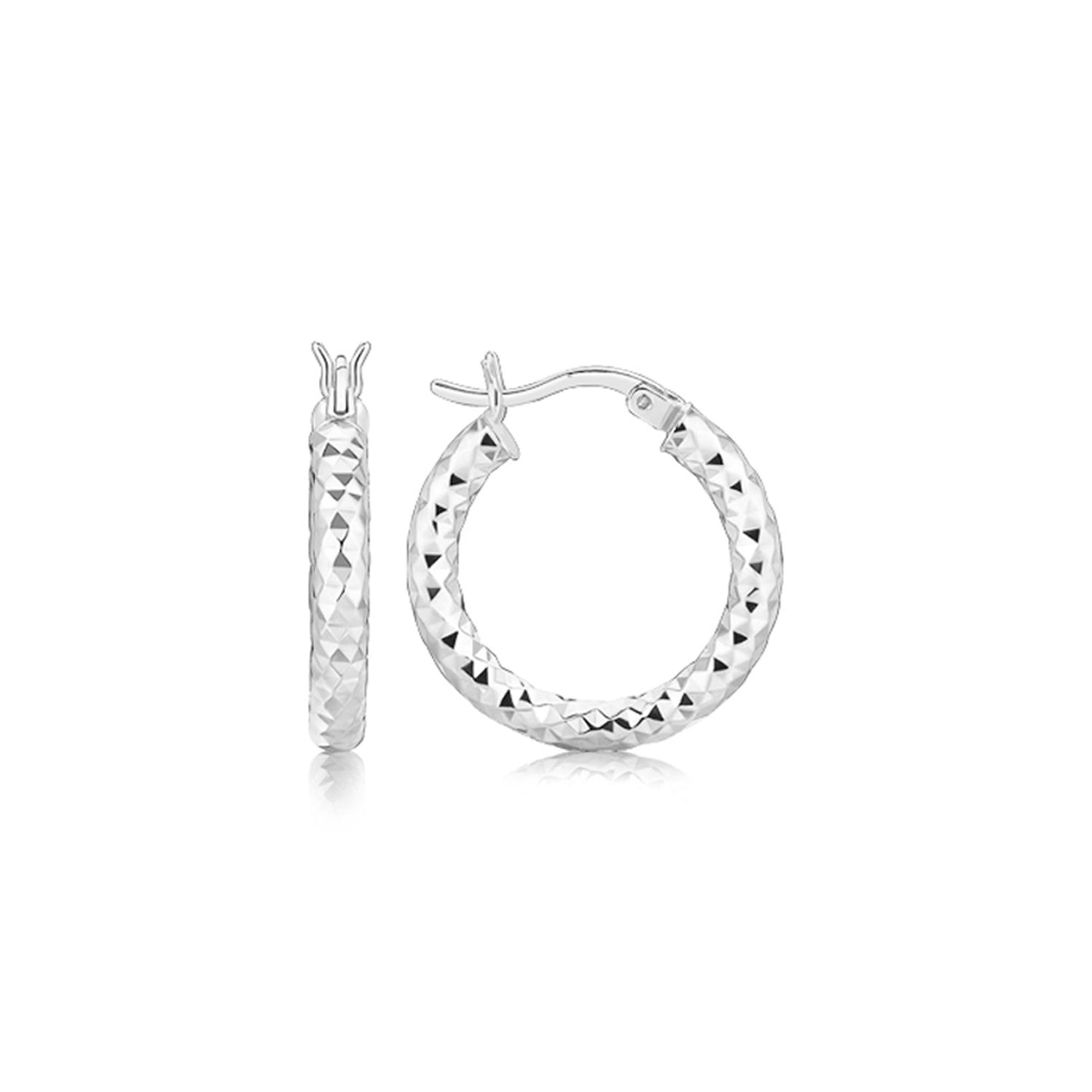 Sterling Silver Polished Rhodium Plated Faceted Hoop Style Earrings(3x15mm) in a sleek high-contrast midnight luxury editoria
