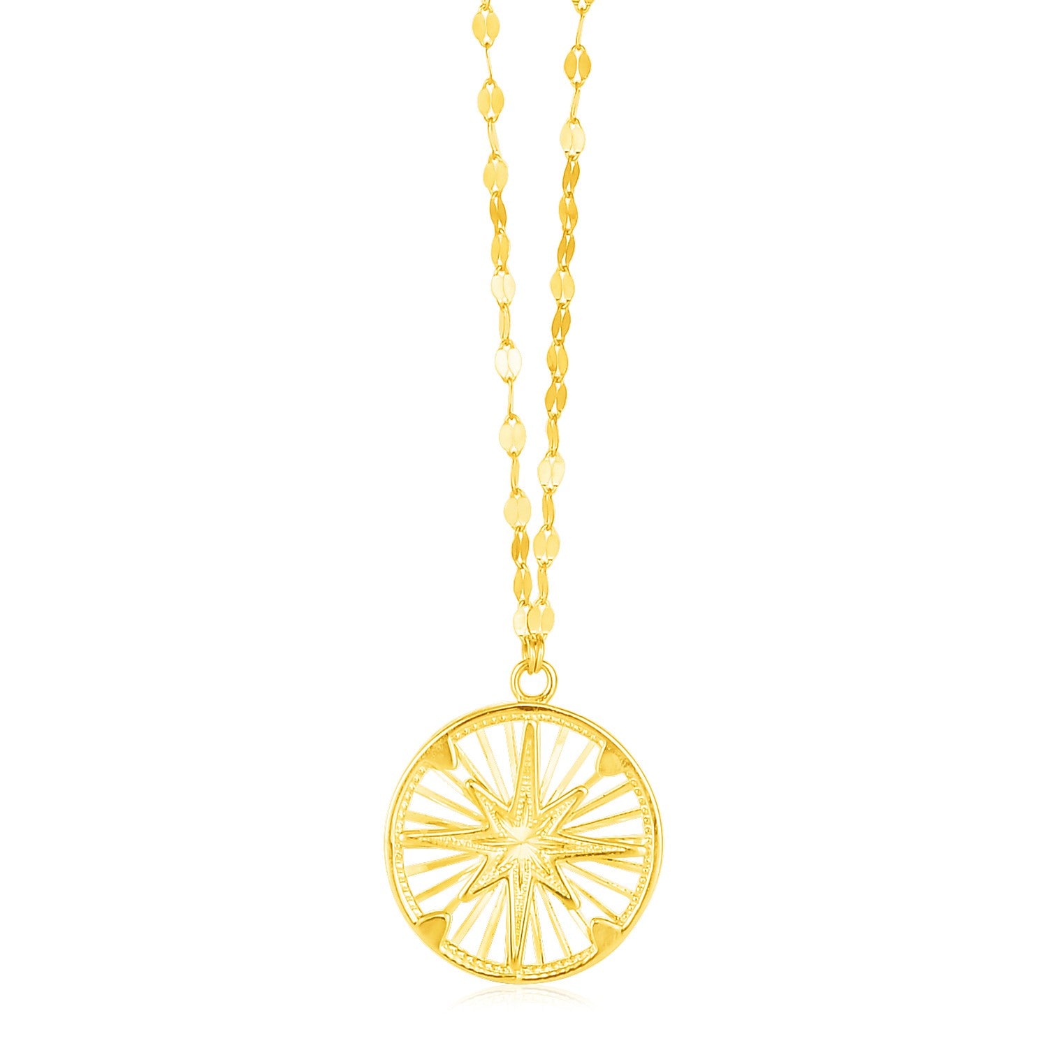 14k Yellow Gold Necklace with Compass Pendant in a sleek high-contrast midnight luxury editorial style