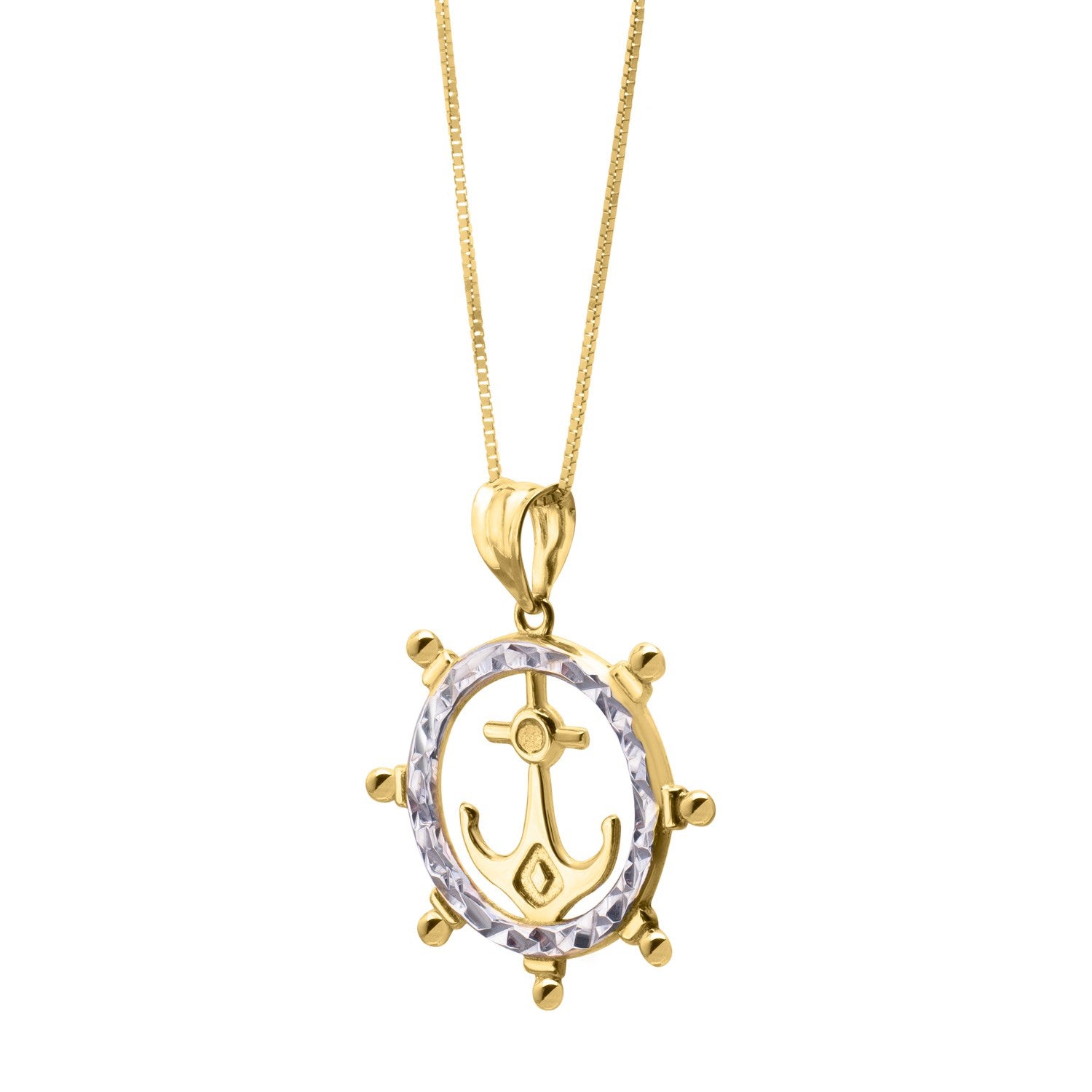 Ships Wheel Anchor Necklace in 10K Yellow Gold in a sleek high-contrast midnight luxury editorial style